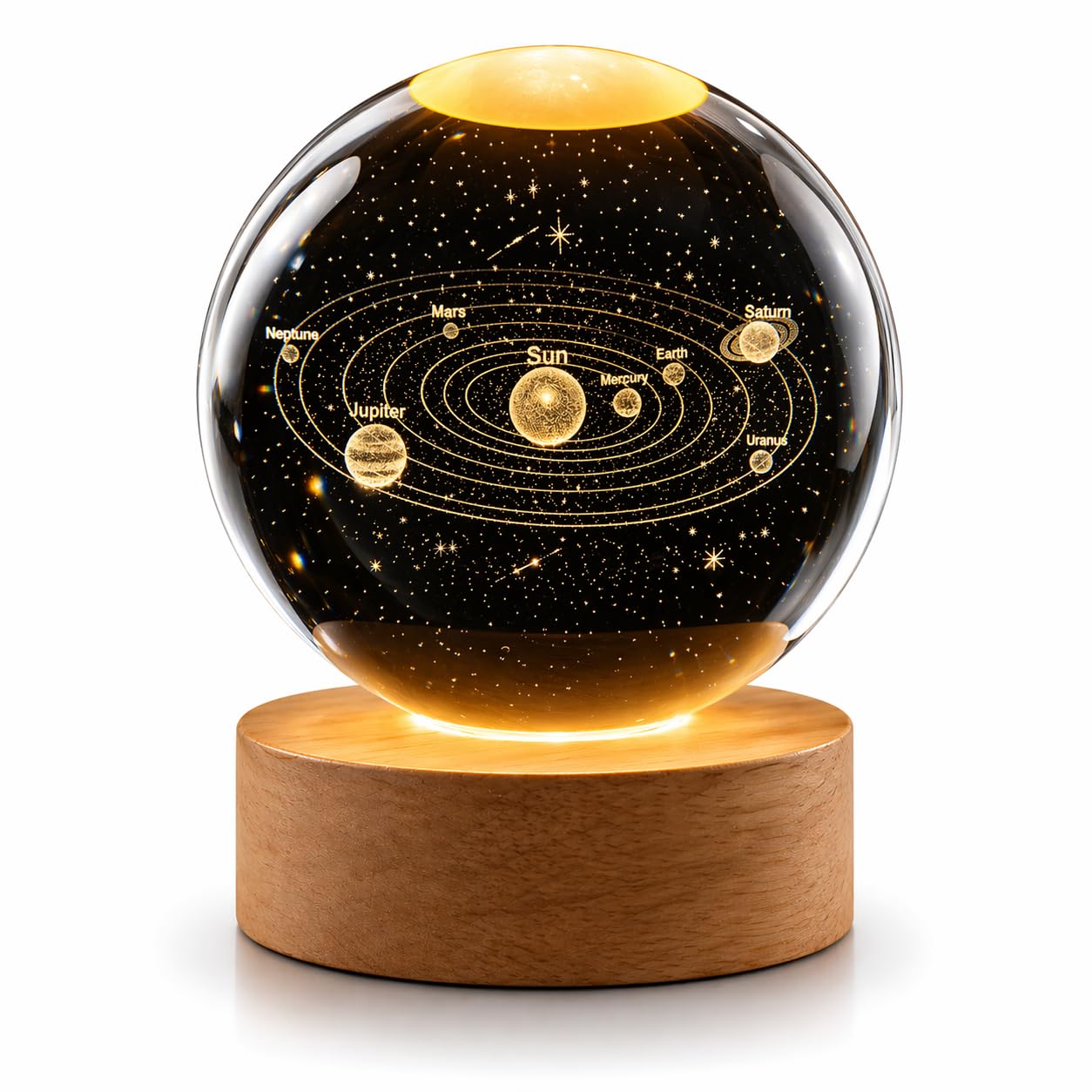 3D Solar System Crystal Ball Night Lamp with LED Warm Light, USB Wooden Base Touch Lamp for Study Table, Kids & Gift-image-37