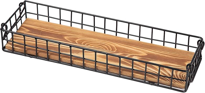 Rustic Torched Brown Wood Serving Tray Industrial Metal Wire Frame Handles Mesh Basket Rectangular Wooden Display Box Tabletop Kitchen Living Room Breakfast Party Office Supplies Decors
