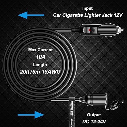 Miniatura 6 de Cable de extensión para encendedor de cigarrillos de 18 AWG de 19.6 pies, cable de núcleo de cobre puro, cable de enchufe de alimentación de CC