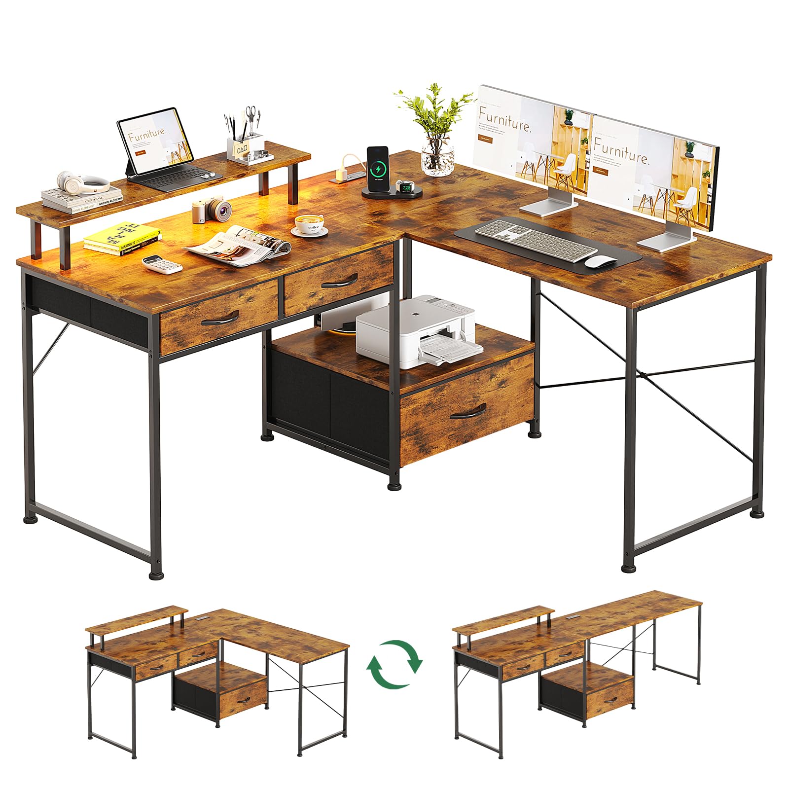 MUTUN L Shaped Computer Desk with Power Outlet & LED Lights, 128x120 cm Reversible Corner Gaming Desk with Drawers, 2 Person Office Study Table Computer Workstation for Home, Rustic Brown