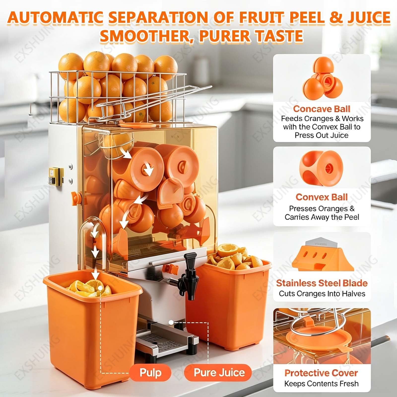 Exprimidor Automático Comercial De Frutas Y Cítricos, Eléctrico, De Acero Inoxidable, Con Un Rendimiento Del 40-50%, Capaz De Extraer 30 Naranjas Por Minuto