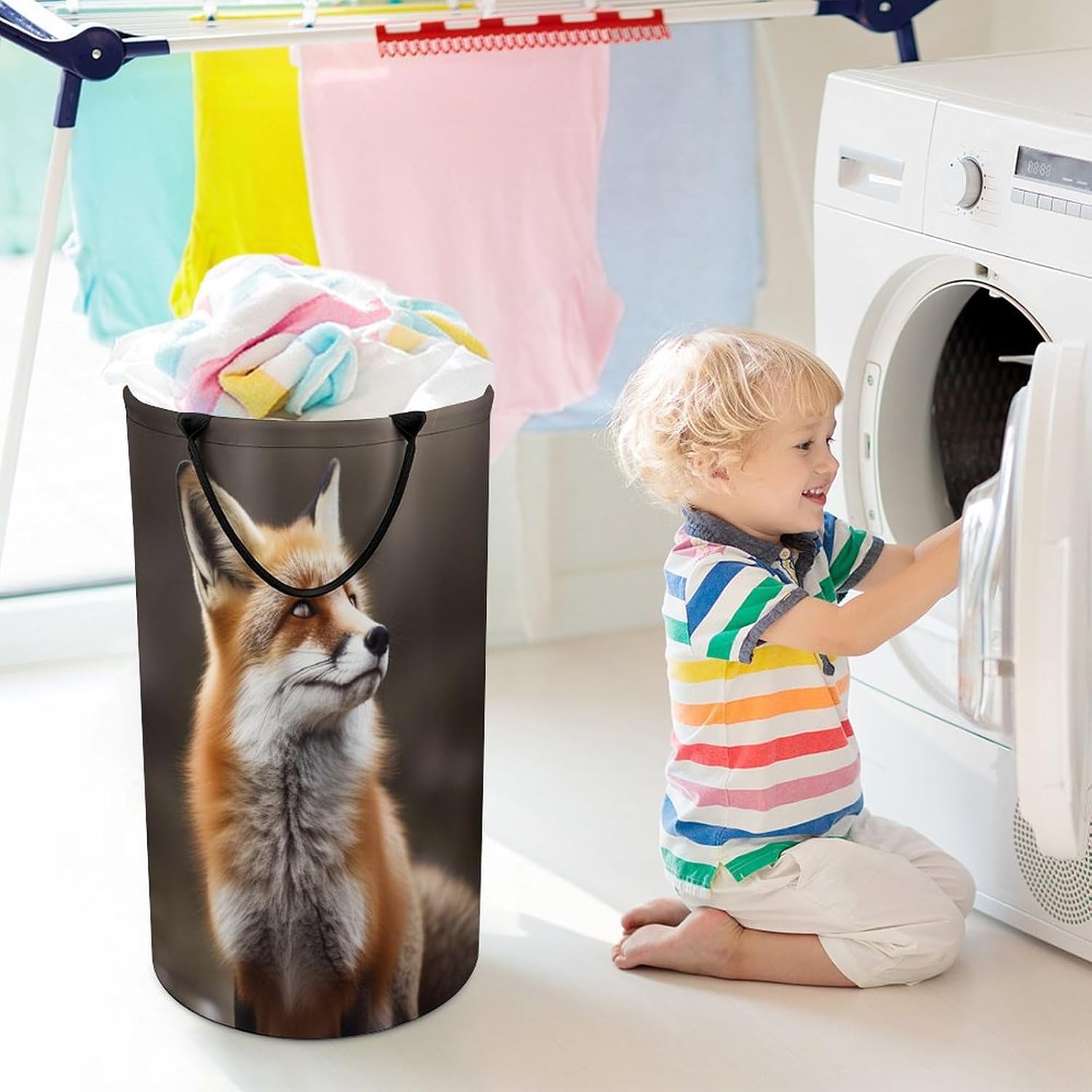 Large Laundry Hamper with Handle Waterproof Laundry Basket Collapsible Dirty Clothes Hamper Animal Fox Pattern Laundry Bag for Clothes Toys in Bedroom 15.7x27.2 In