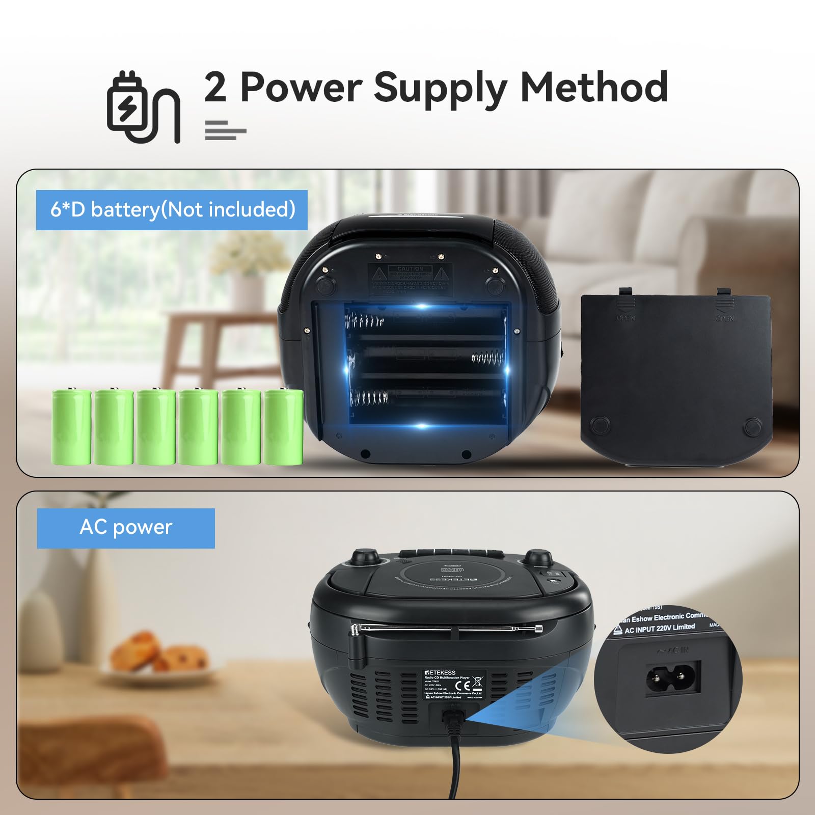 Retekess TR621 Przenośny Odtwarzacz CD Boombox Stereo z Radiem AM FM, Odtwarzacz Kasetowy, Magnetofon Kasetowy, Obsługa USB/TF/Słuchawek, z Pilotem (czarny)