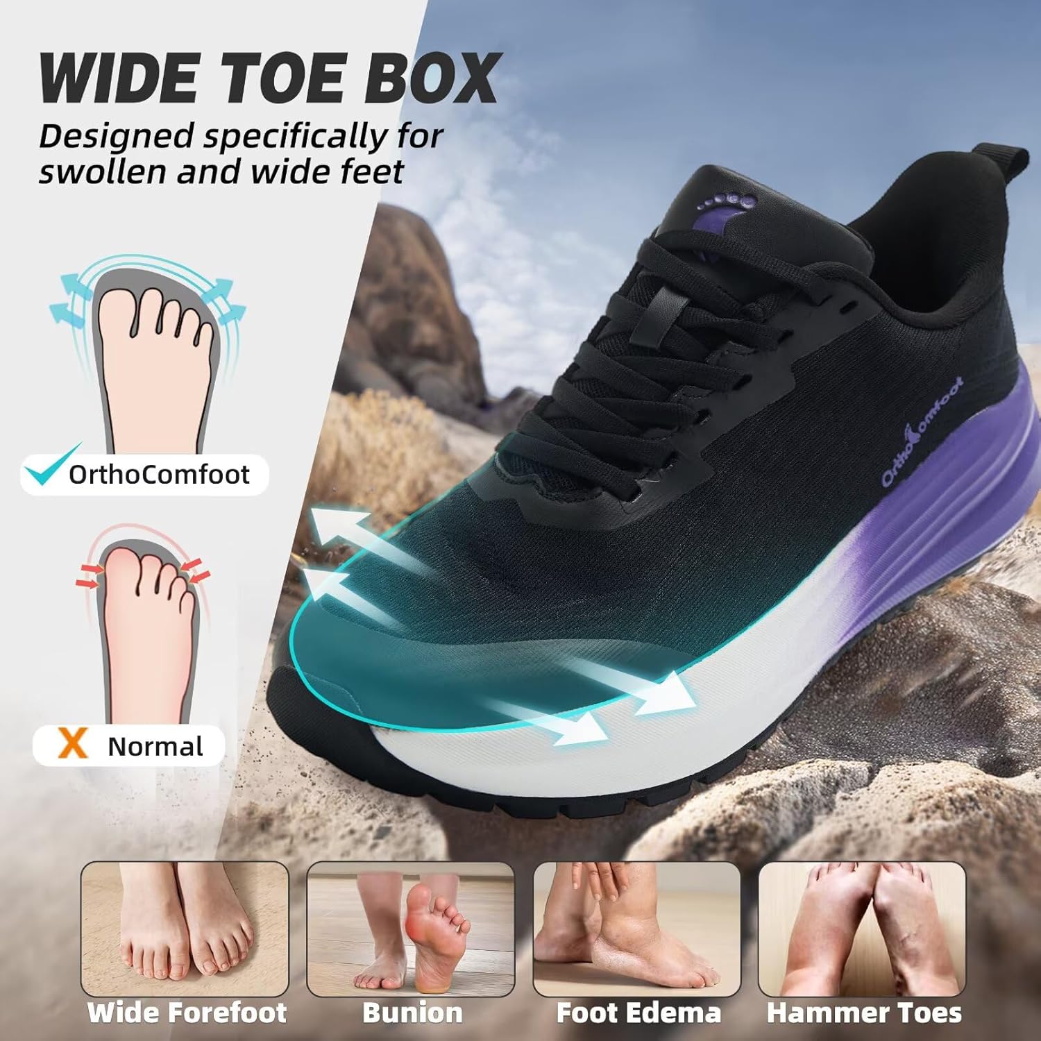 Women's Orthopedic Wide Trail Running Shoes: Comfortable Arch Support Plantar Fasciitis Orthotic Flat Feet Athletic Sneakers, Casual Sports Trekking Hiking Walking Shoes for Foot Heel and Pain Relief - Image 2