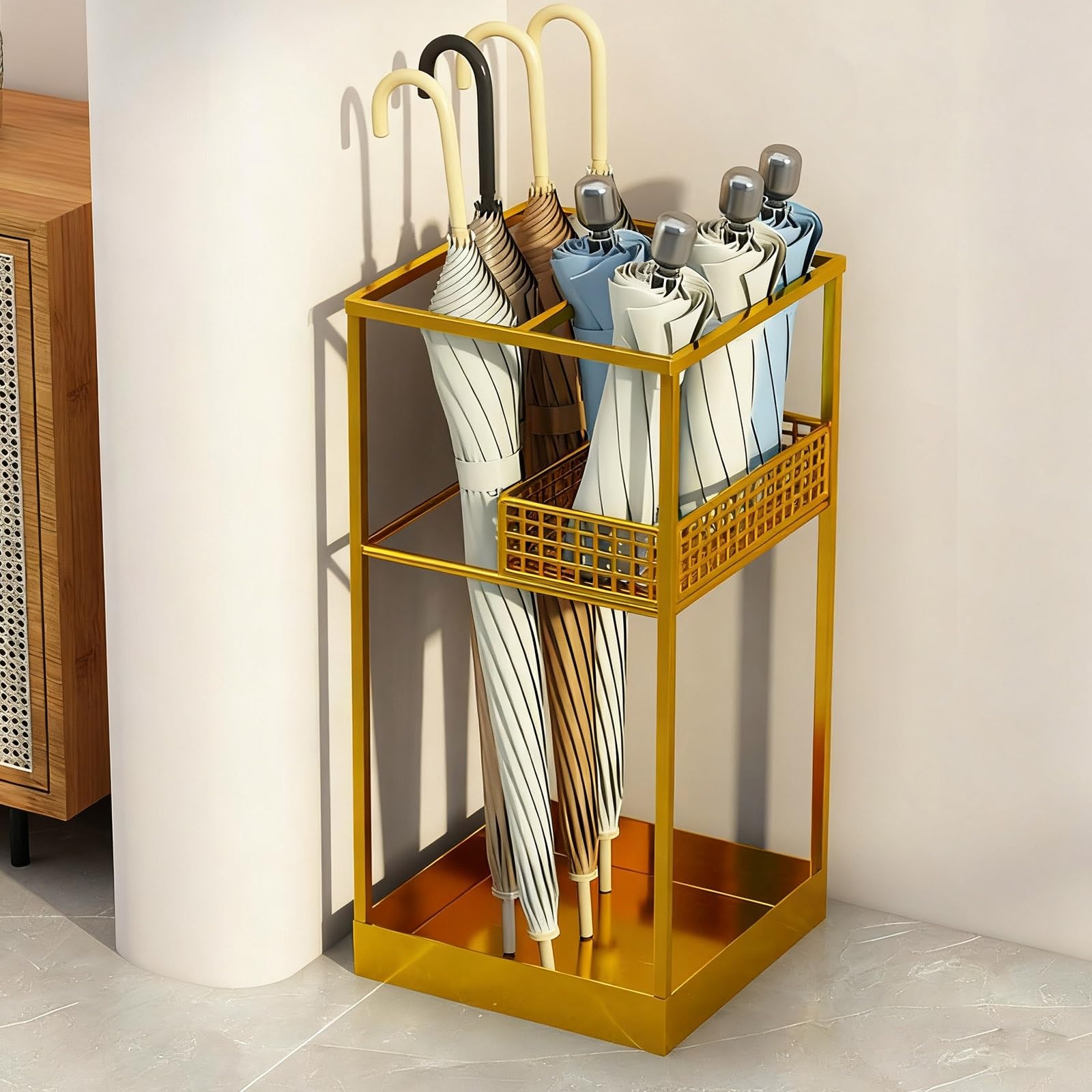 Portaombrelli a doppio strato a 2 ripiani in metallo per ingressi, case, hotel e scuole, elegante e resistente, per uso commerciale