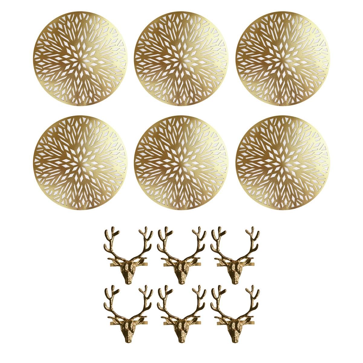 YöL Set of 6 Christmas Dinner Placemats & Gold Stag Napkin Rings Table Decor