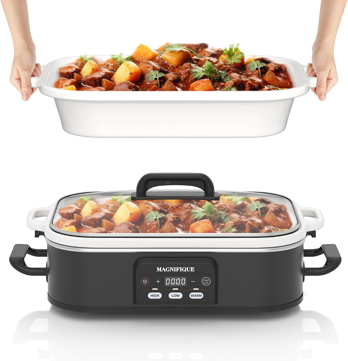 Olla de cocción lenta programable de 4 cuartos de galón con plato de cerámica para hornear, pequeño electrodoméstico de cocina perfecto para cenas familiares, utensilios para hornear duraderos y aptos para horno para lasaña, asados, negro