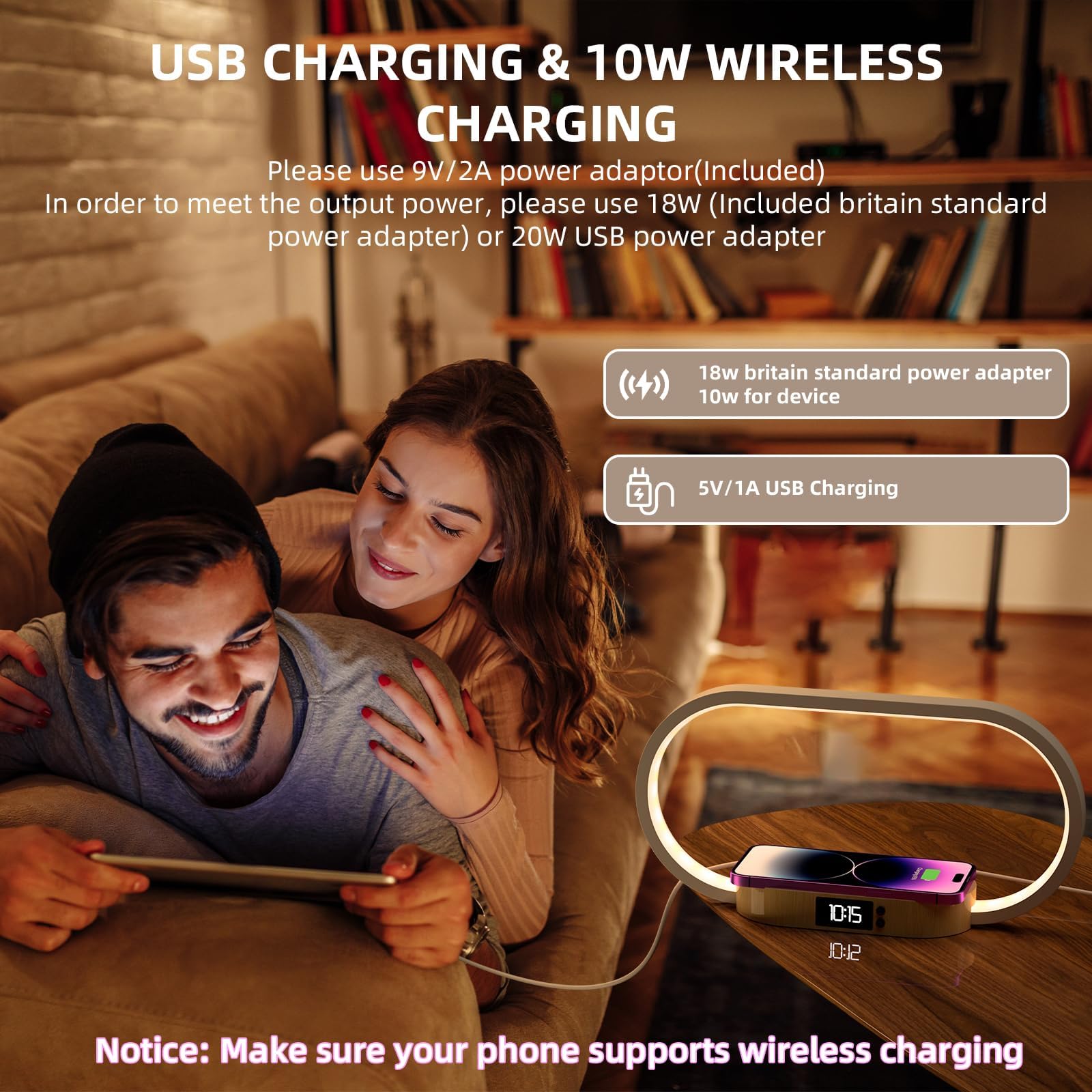 m zimoon Lampada da comodino con caricabatterie wireless veloce, lampada da camera da letto con orologio, lampade da tavolo per comodino, lampade touch per camera da letto, 3 modalità colore