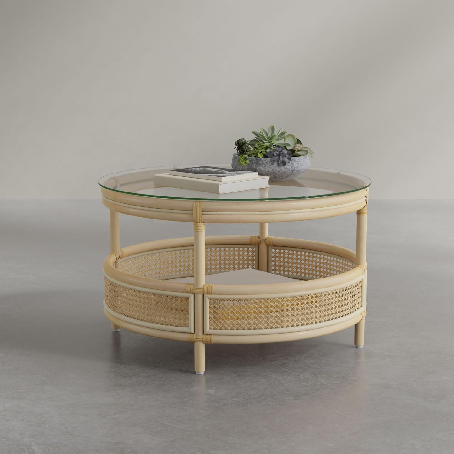 Kouboo Rattan Cane Round 2-Tier Open Shelf Coffee Table with Glass Top, Living Room Table, 30 Inches, Boho Chic Tropical