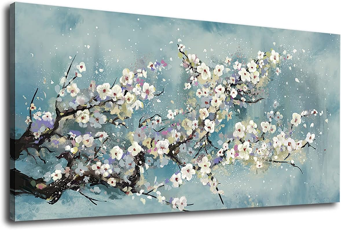 Flowers Wall Art Plum Blossom Canvas Art Botanical Floral Canvas Pictures Grey Blue Canvas Artwork for Bedroom Living Room Bathroom Kitchen Office Home Wall Decor Framed Ready to Hang 24" x 48" 24.00" x 48.00" Elegant Plum Blossom