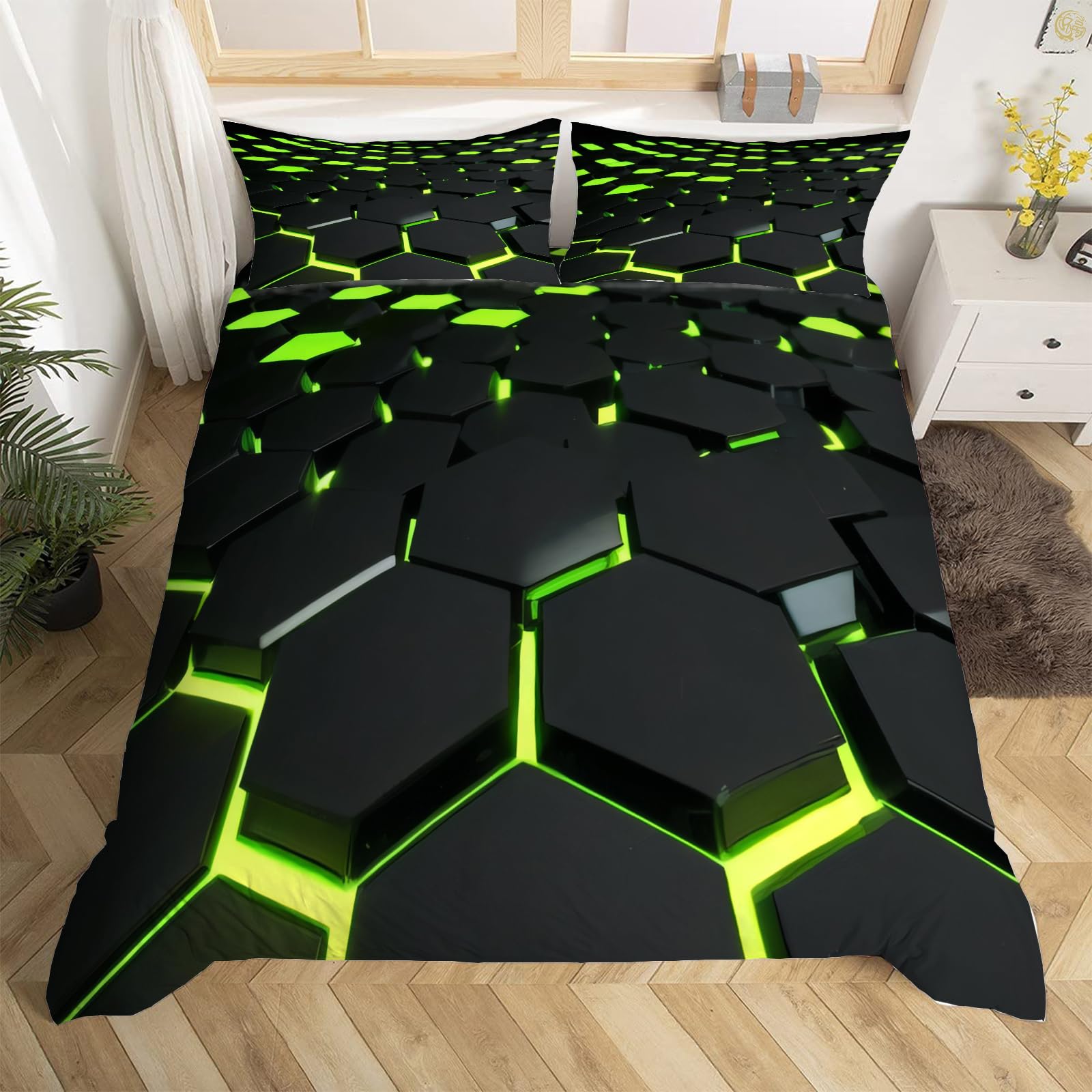 Copripiumino Matrimoniale 260x240 Esagono 3D, Set di Biancheria da Letto in Microfibra a Cerniera Fantasia Geometrica Copripiumoni Matrimoniali con 2 Federe