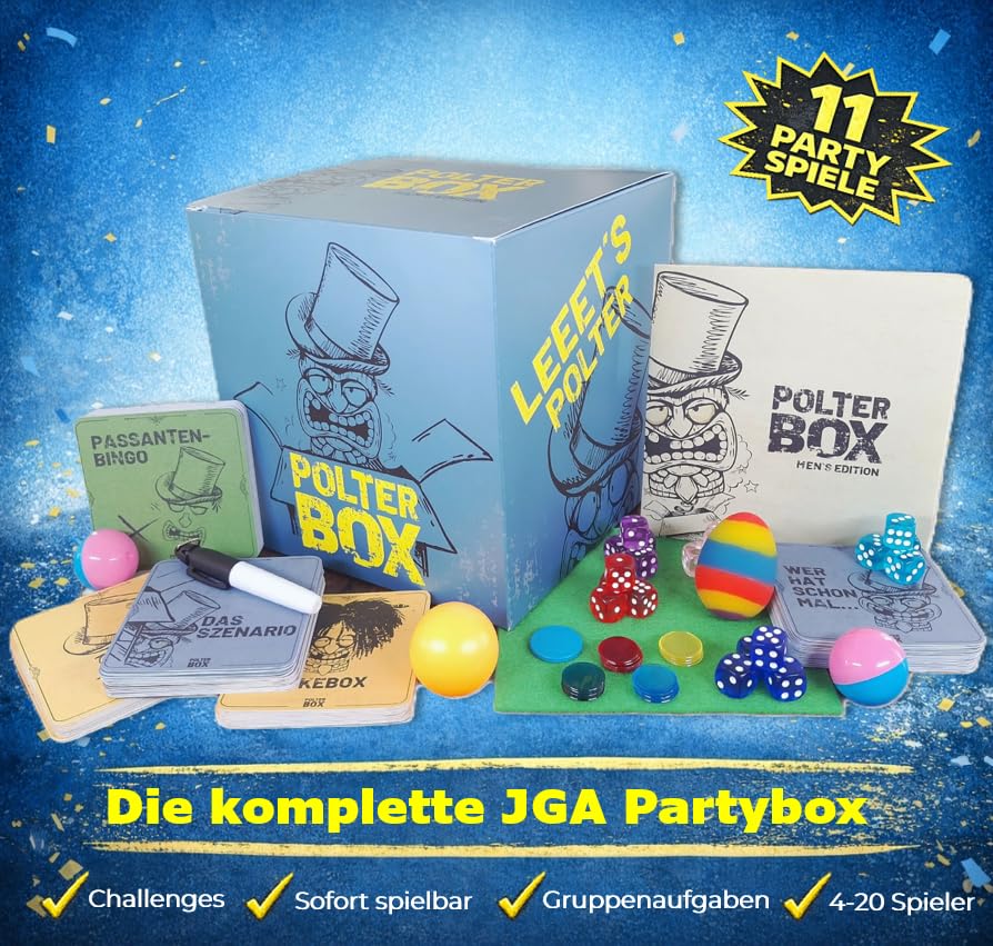JGA PolterBox Deluxe – Komplettset mit 11 Partyspielen für Junggesellenabschied, 4–20 Spieler – All-in-One JGA Partybox für Polterabend, Aufgaben & Gruppen-Challenges (Men’s Edition)
