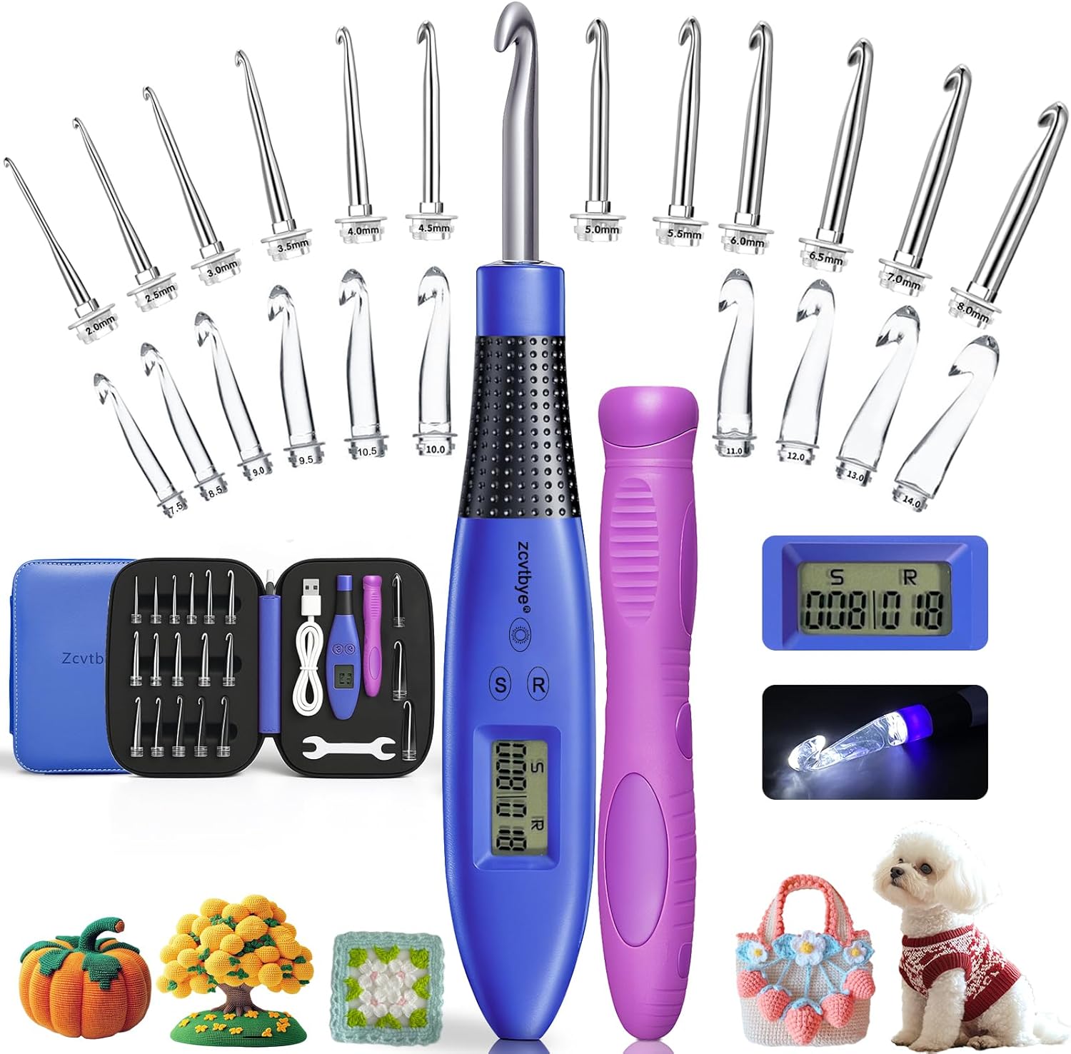 Counting Crochet Hooks with 22 Interchangeable Hooks Kit, Light Up Crochet Hook Set - Ergonomic for Arthritic Hands, Digital Stitch & Row Counter, Lighted Crochet Needles Kit with Case (Blue, 22 Size) Blue 22 Size