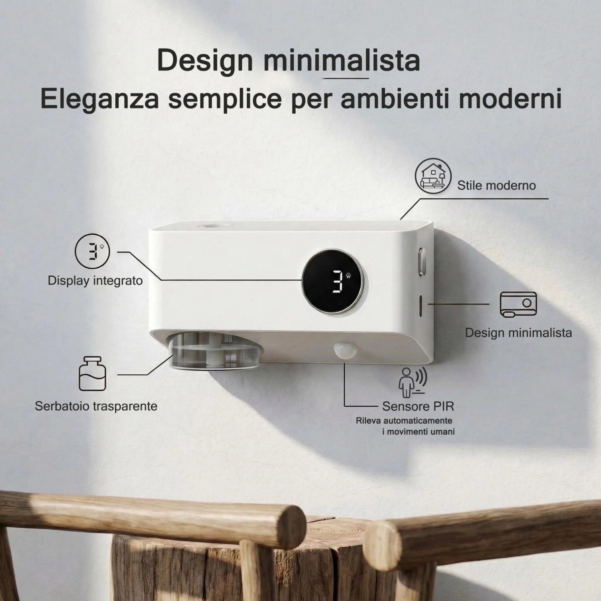 Diffusore di Oli Essenziali 80ml con Sensore di Movimento, Luce Notturna e Timer, Uso da Tavolo o Parete