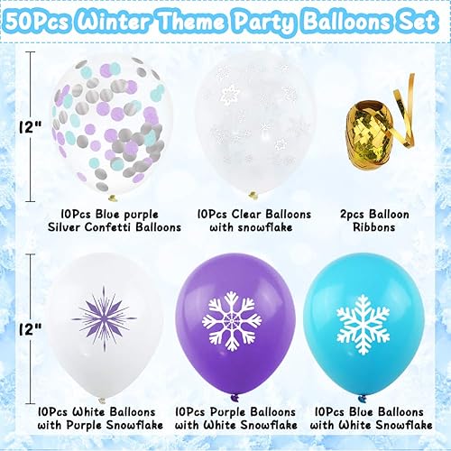 Miniatura 2 de 50 globos de copo de nieve con globos de látex morado, azul y blanco, suministros de fiesta de cumpleaños de copo de nieve congelado, globo temático