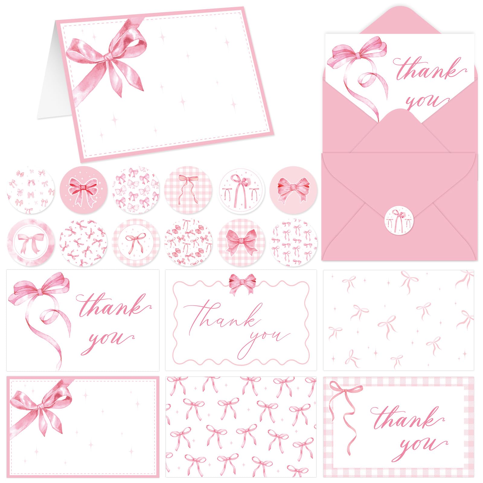 Paquete de 48 tarjetas de agradecimiento con lazo rosa con sobres, calcomanías, tarjetas de felicitación de papel con temática de lazo, tarjetas de visita en blanco para niñas, despedidas de soltera,