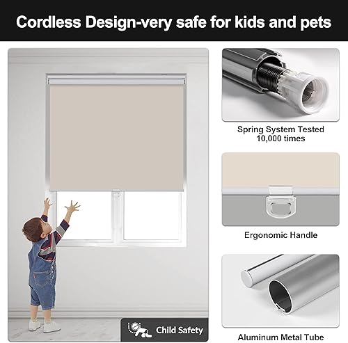 Miniatura 4 de BERISSA Persianas enrollables opacas para ventanas, sin cordón, con protección UV, ahorro de energía, oscurecimiento de habitación, persianas para