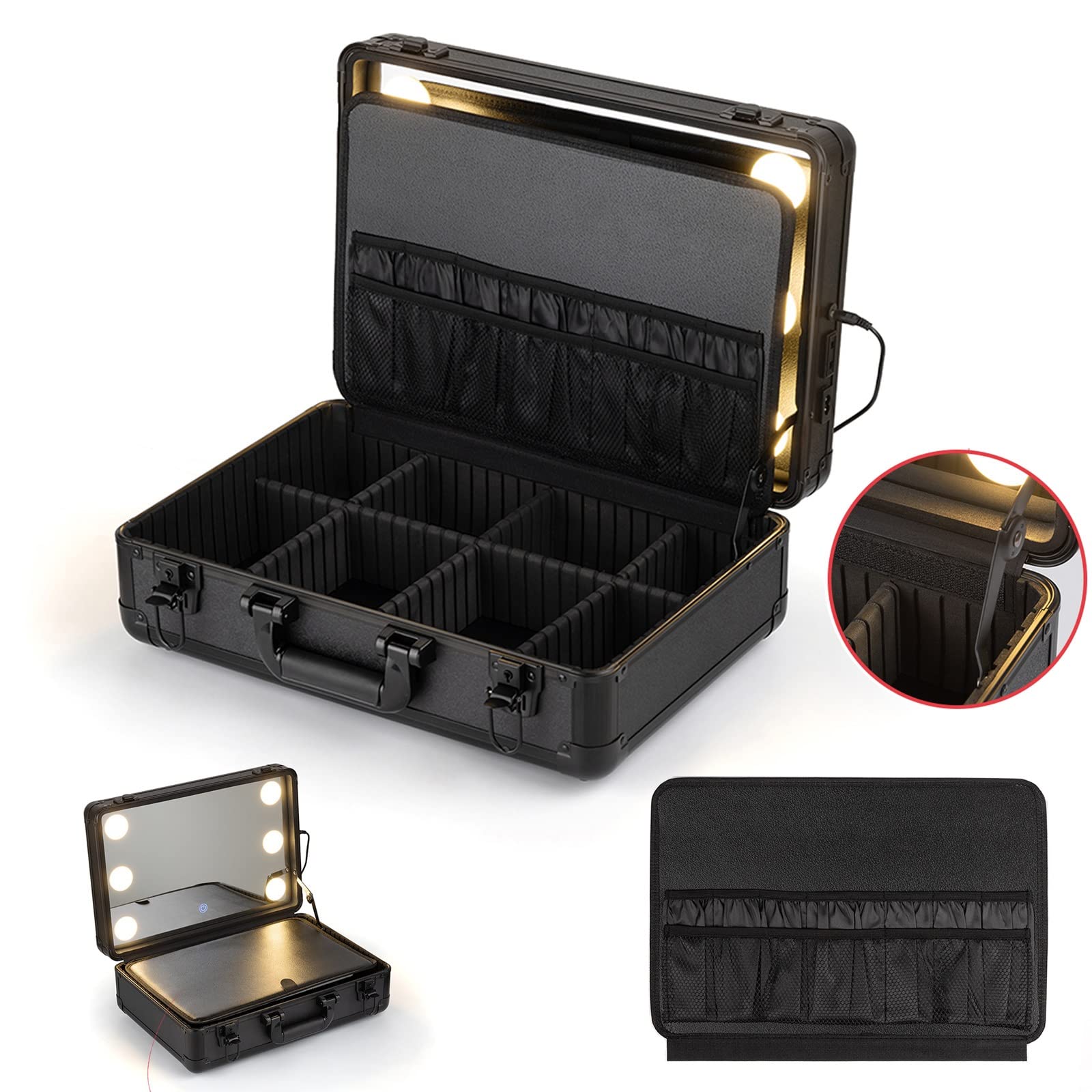 HJXGQJM Malette Maquillage avec Miroir, Beauty Case De Voyage Vanity Maquillage Boite, Aluminium, Stratifié Résistant Aux Rayures, Valise De Maquillage À LED, Diviseurs Réglables,Noir/Rose(Pink)