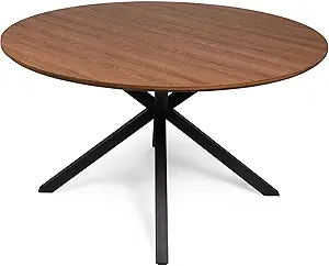 LUCKYERMORE 53" Round Dining Table for 4-6, Mid-Century Modern Dining Room Table with Metal Cross Legs, Large Wood Leisure Circle Coffee Table for Kitchen, Office, Living Room, Walnut, Easy-Assembly