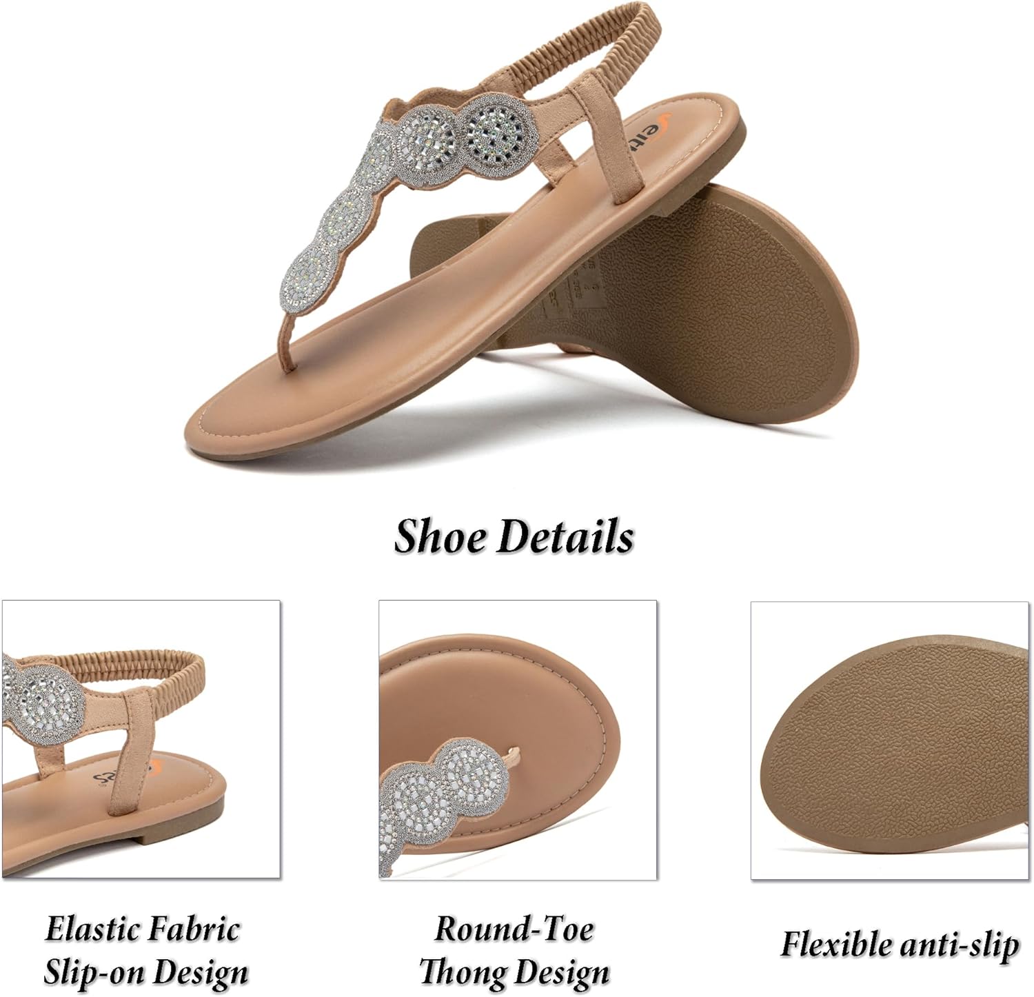 Veittes Women's Bohemian Bling Flat Slide Sandals - Casual Summer Thong Sandals with Rhinestone Decor, Rubber Sole, Lightweight & Comfortable Ankle StrapThong Summer Sandals. - Image 5