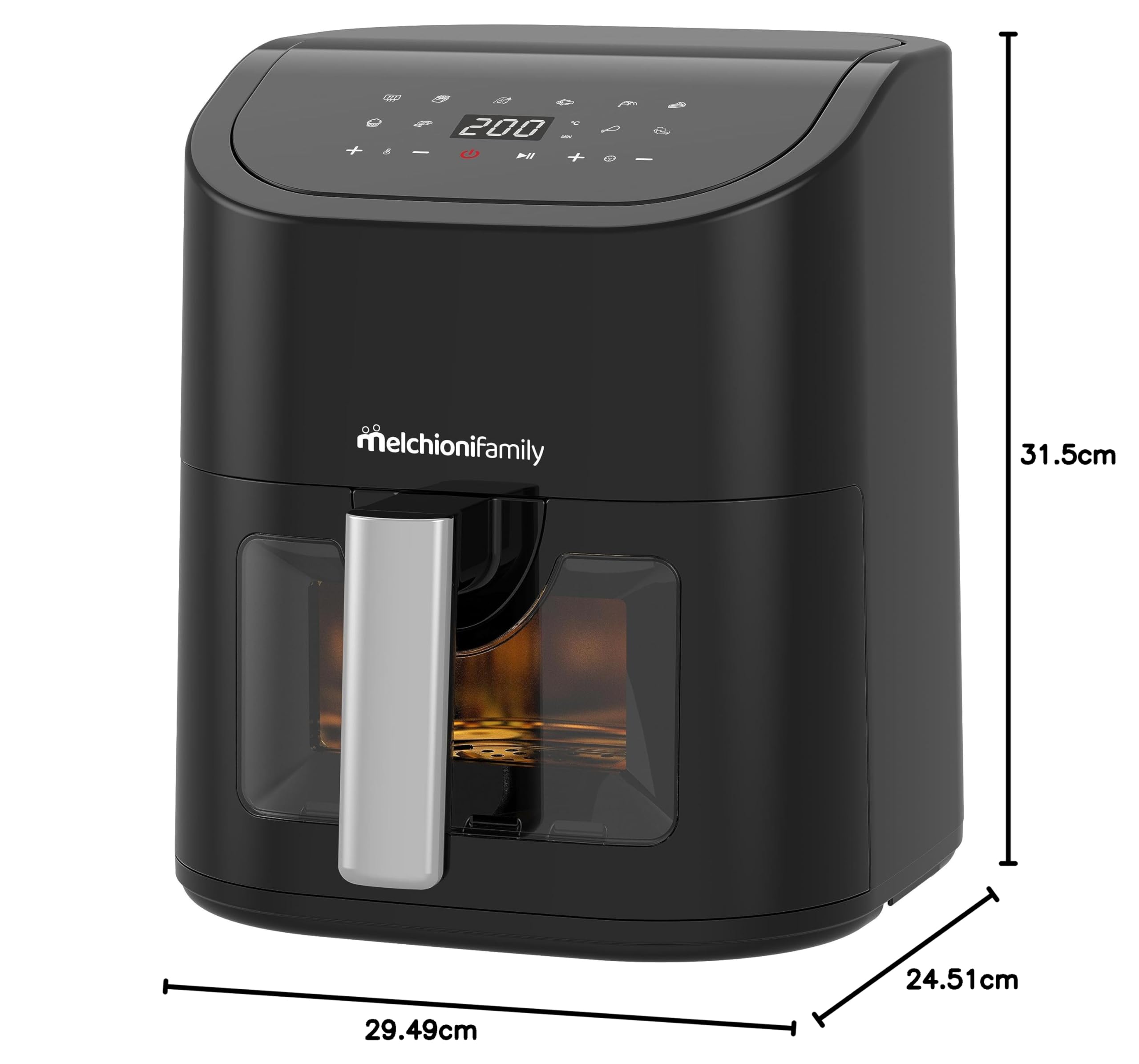 Melchioni Family | Friggitrice ad Aria MARIANNA, Capacità 5,2 litri, con Finestra Trasparente e Display Digitale, Friggitrice ad Aria Senza Olio con 9 Programmi, 50-200°, Colore Nero
