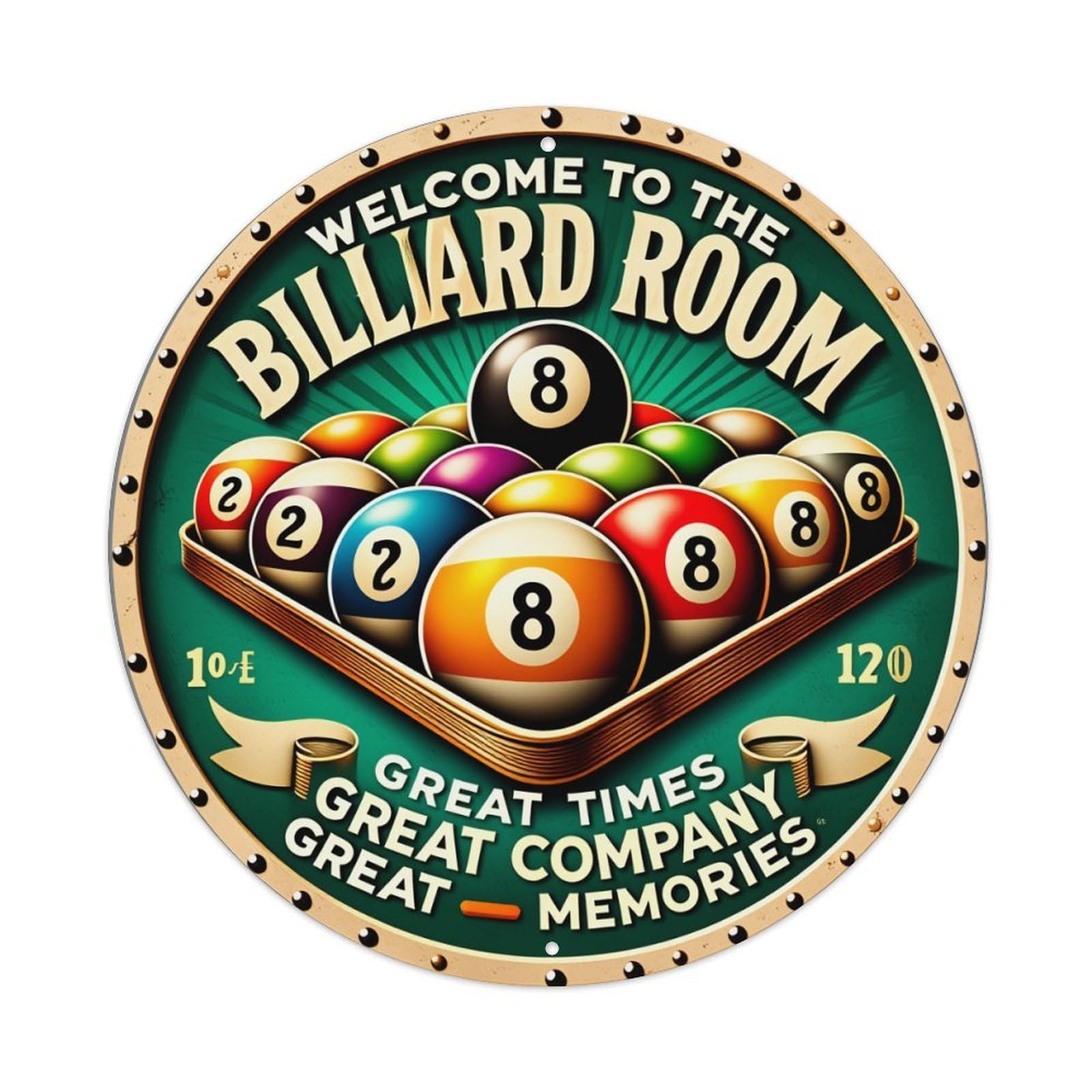 Billiard Room Sign Pattern Print Round Tin Sign Vintage Metal Poster, Home Bar Garage Man Cave Cafe Indoor & Outdoor Wall Decoration 8x8Inches