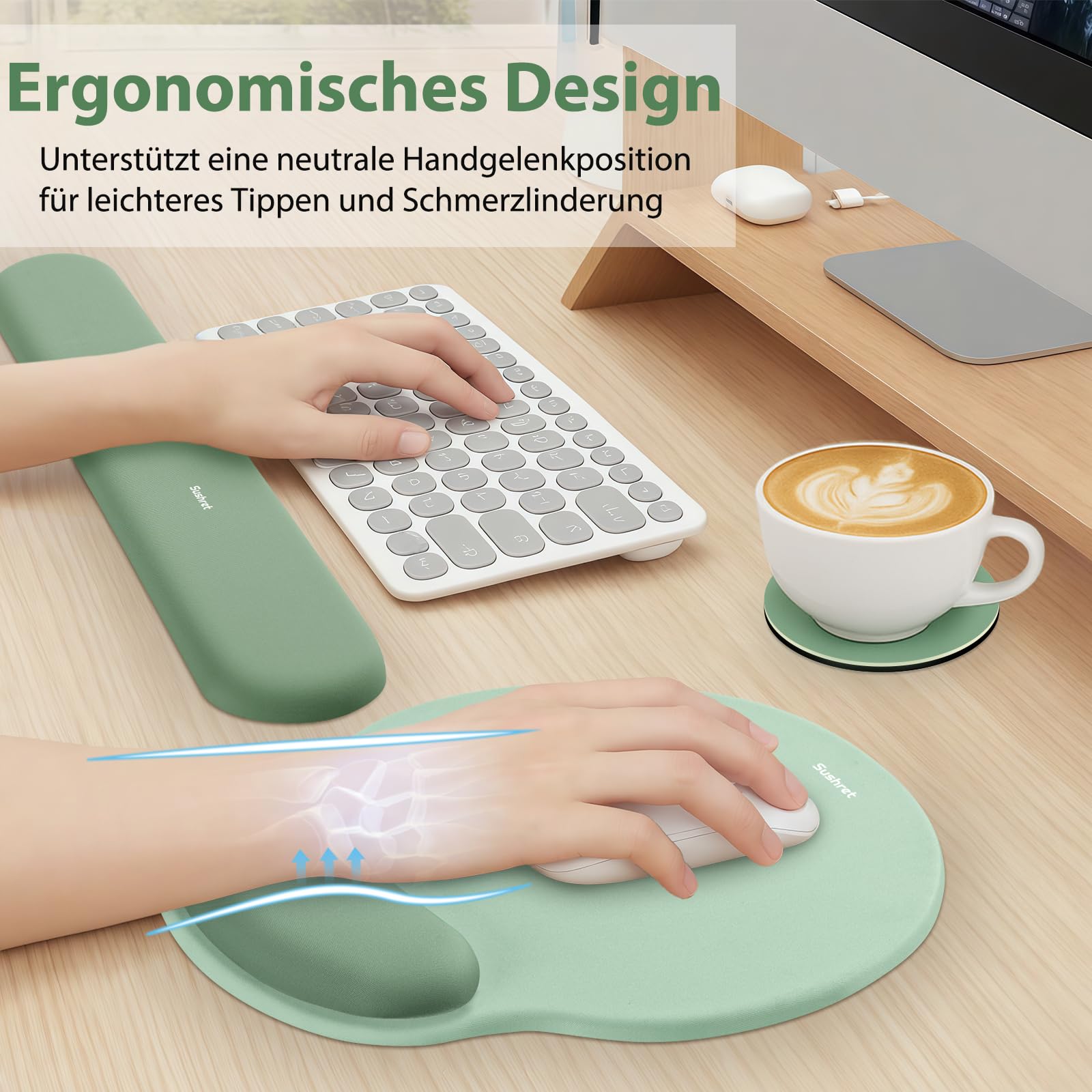 Sushret Mauspad & Tastatur Handballenauflage, 3-in-1 Ergonomisches Gel Memory Foam Handballenauflage mit Handgelenkstütze, Gaming Mauspad Armauflage für Computer Büro Schreibtisch Zubehör, Grün