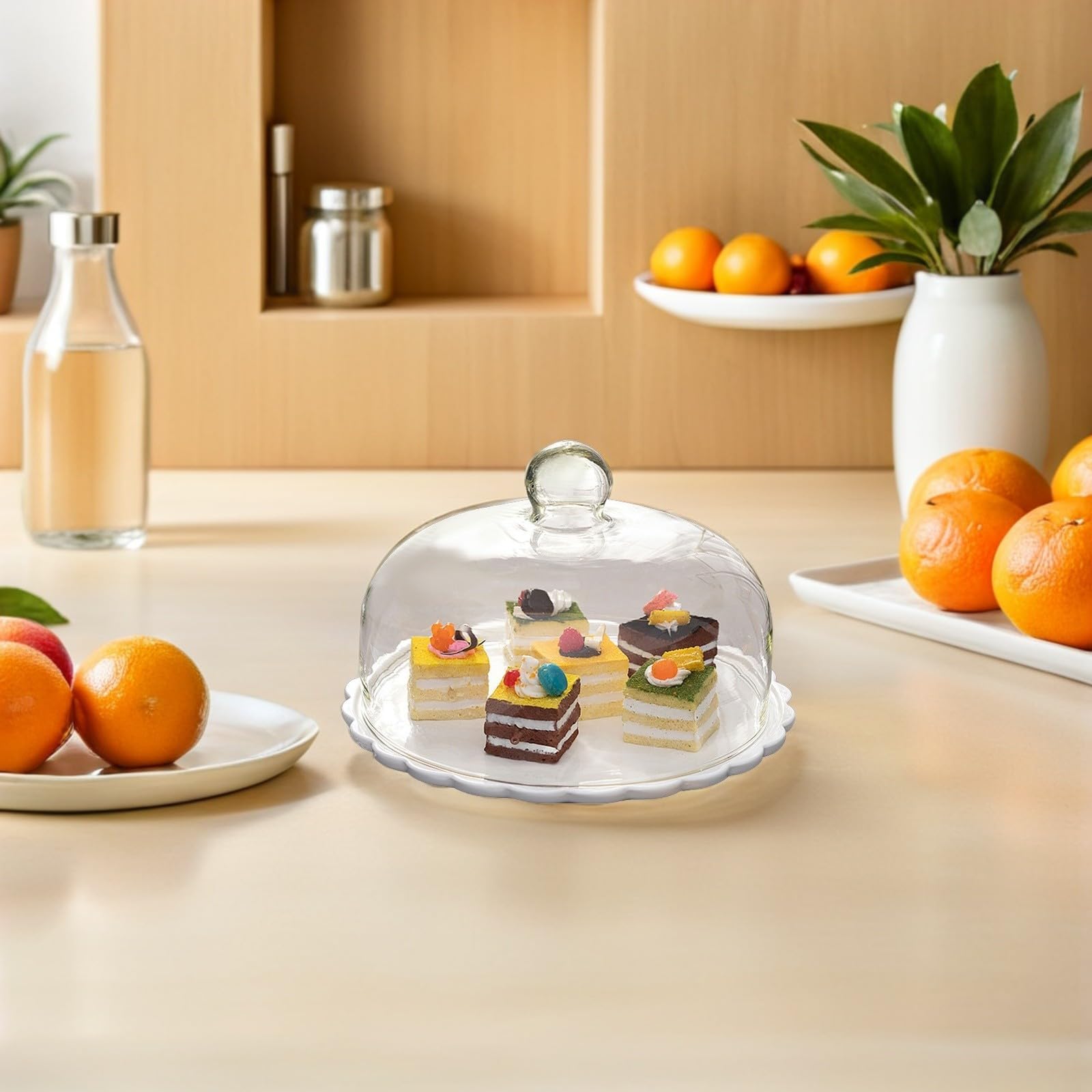 Cúpula de Vidrio y Cerámica para Pastel, Bandeja Portátil y Ligera Adecuada para Cocina y Exhibición de Pasteles