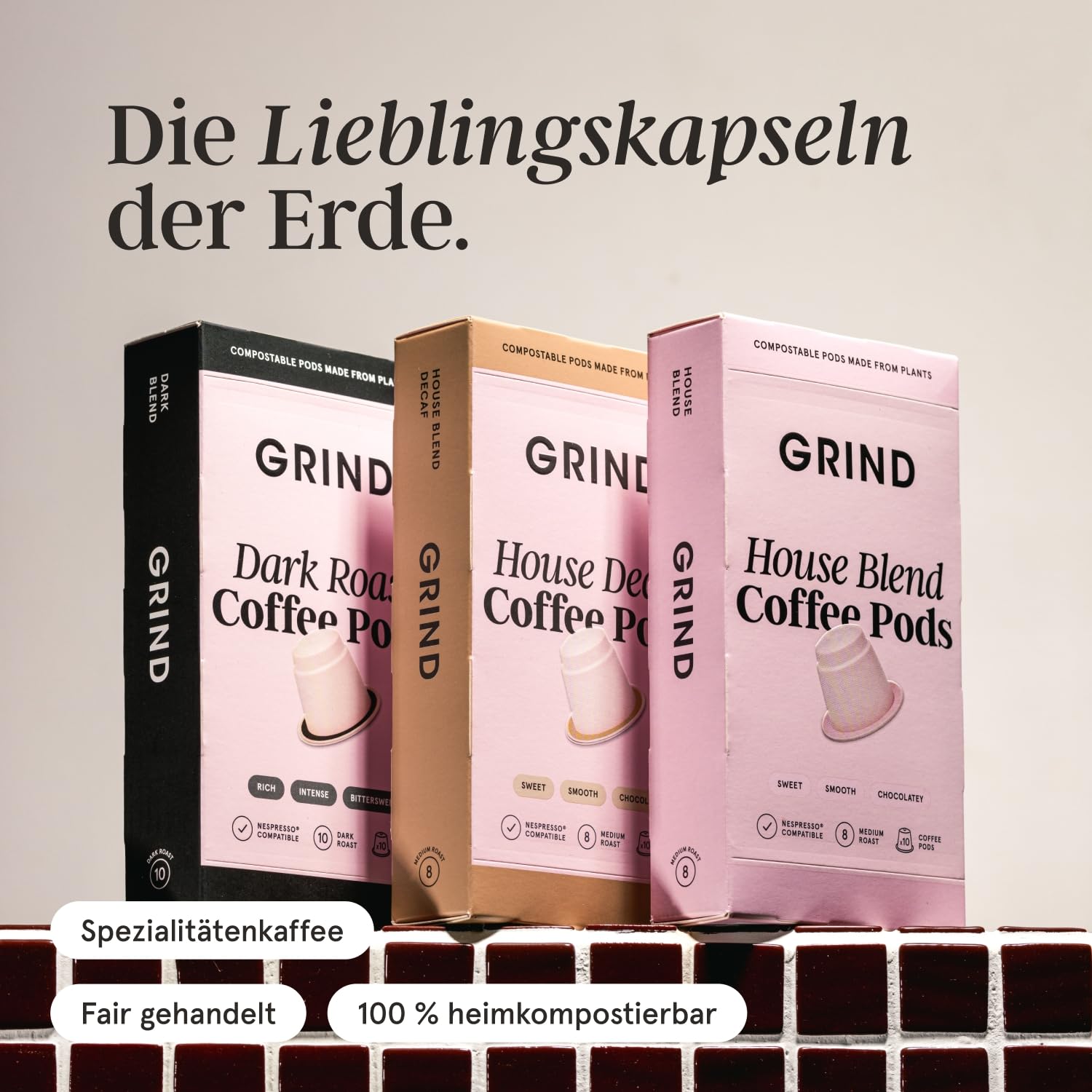 Grind Dark Kaffeekapseln – 100 bioabbaubare Kapseln – 100% Arabica – Kompatibel mit Nespresso® Original – Ethisch einwandfreie Herkunft – Spezialitätenkaffee – Dunkle Röstung