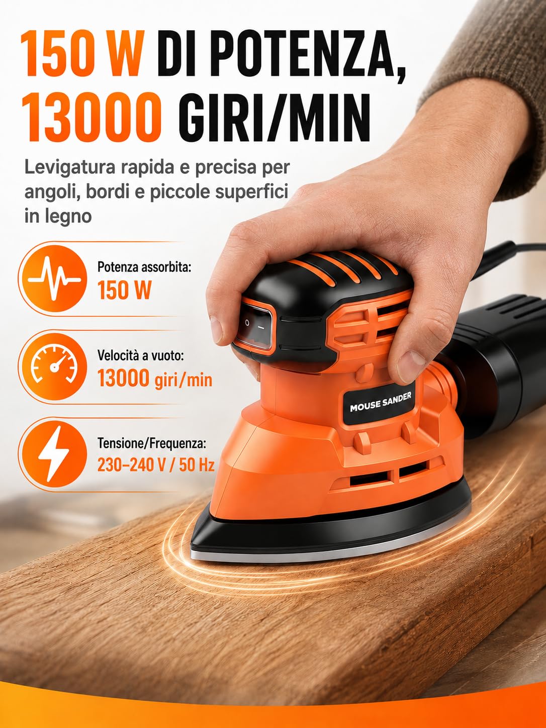 VOBOR Levigatrice Per Legno 150W, 13000RPM con Aspirazione della Polvere e 14 Fogli Abrasivi, Levigatrice Mouse Elettrica per Levigare, Lucidare e Rimuovere in Falegnameria e DIY