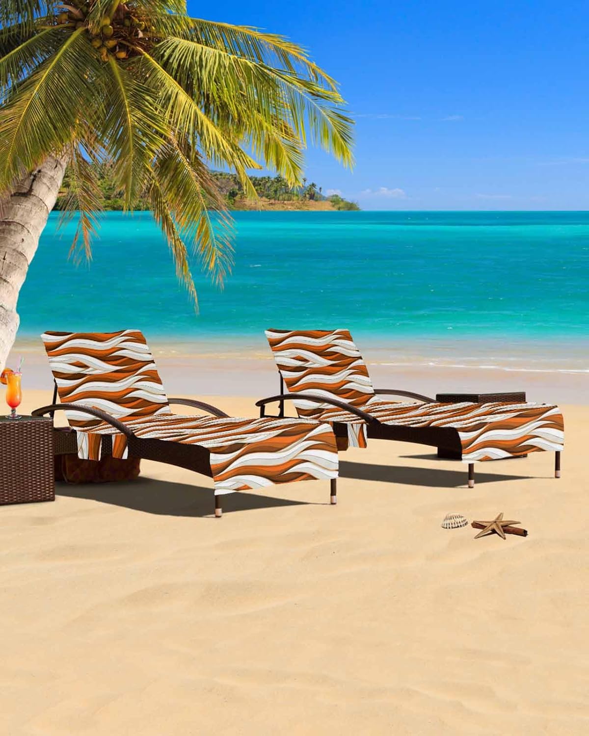 Geometric Orange Beach Pool Patio Lounge Chaise Chair Cover Towel With Pockets,Absorbent & Quick Dry Microfiber Towel Cover Bag Summer Accessories for Sunbathing Modern Abstract Brown White Stripes