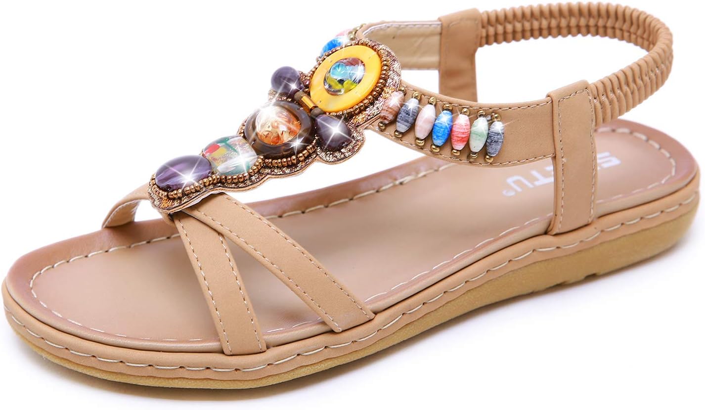 SIKETU Women's Summer Flower Rhinestone Bohemia Folk Round Dunlop Clip Toe Sandals Boho Beach Flip Flops Flat Elastic T-Strap Post Thong Sandals Shoes (Apricot,4 UK)