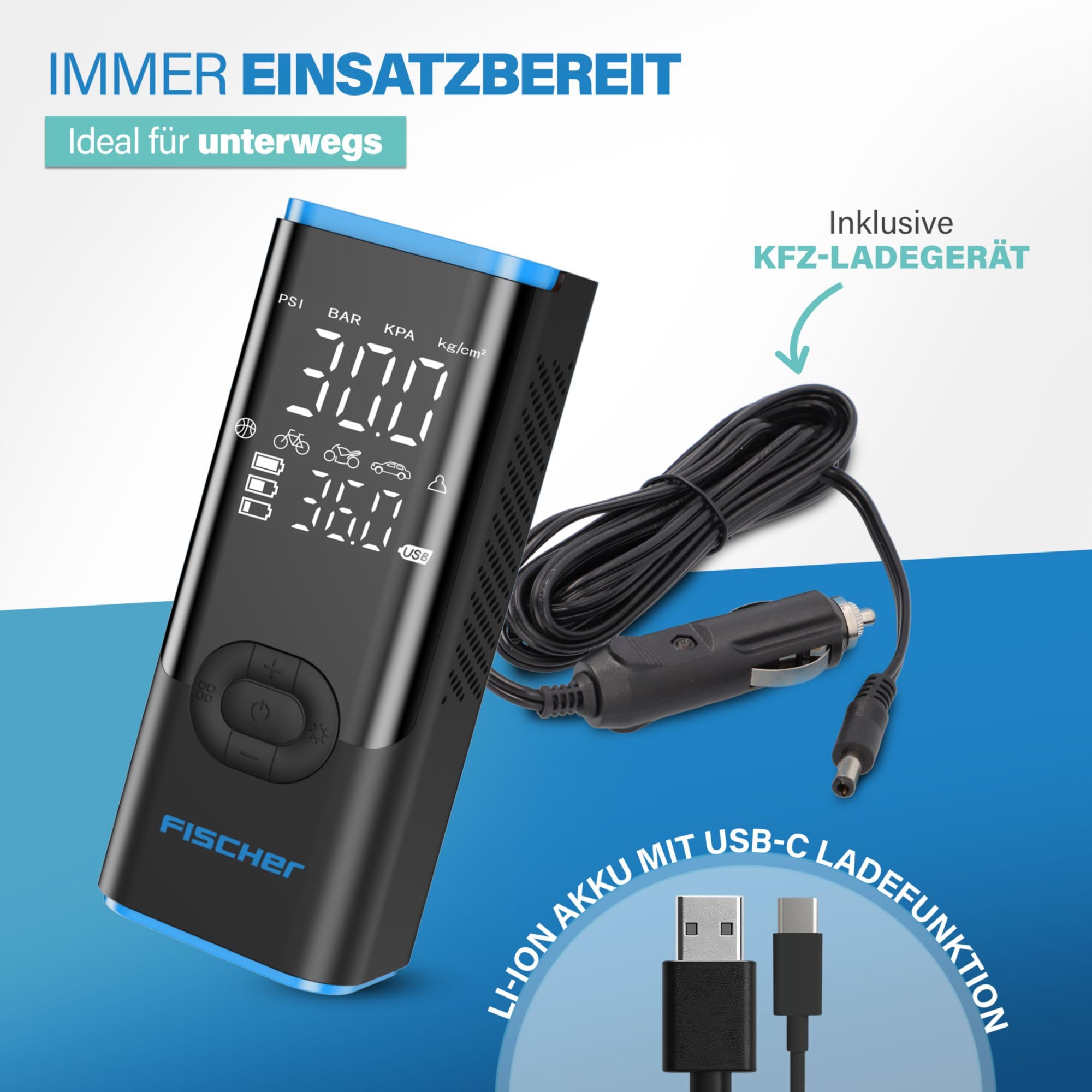Fischer Akku-Kompressor AP Power Duo inkl. Powerbank, schnelles Aufpumpen, Einstellbarer Zieldruck mit Autostop, Taschenlampe mit SOS, Druck und Batterieanzeige, 3 bis 150 PSI, 12 V Autoanschluss