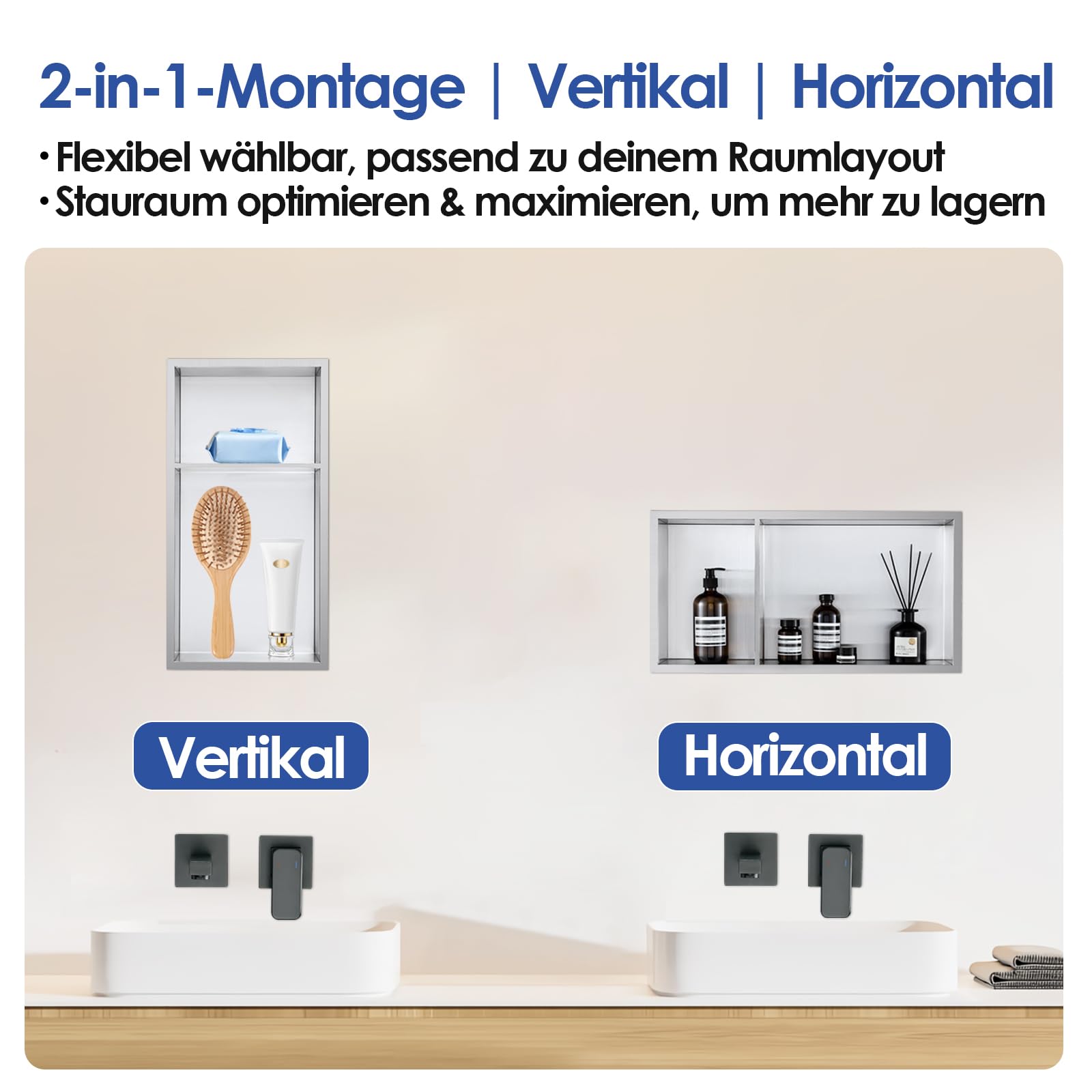 ROVOGO 60x30x10 cm Zweistufige Wandnische Dusche mit 2:1-Abteilverhältnis, Eingebettete Doppel-Duschnische Lagerung für Bad, Edelstahl 304 Einbaunische Übermontage, Einbauregal & Wandregal, Gebürstet