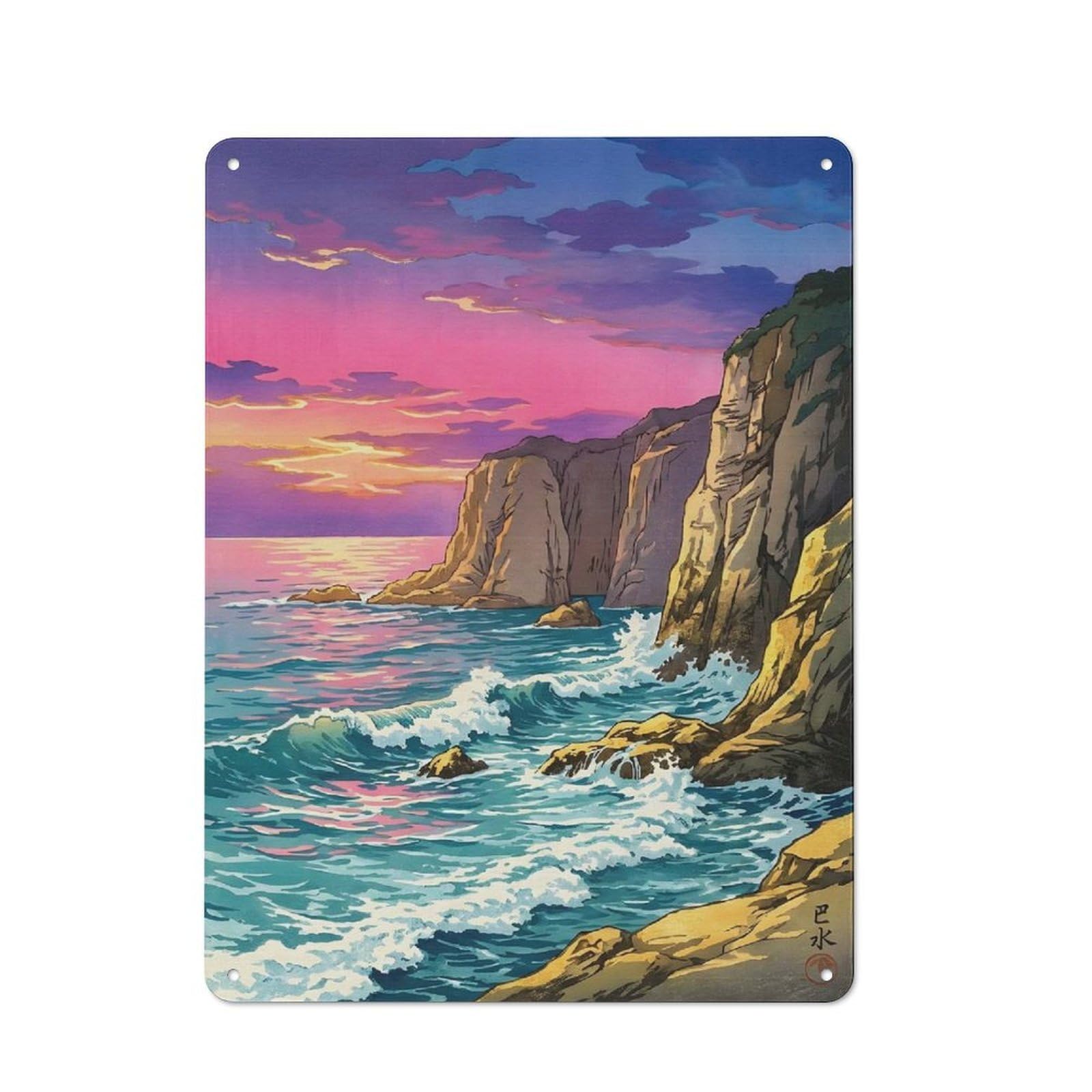 Junmoney Style-17 Coastal Cliff Sunset Painting Rustic Metal Sign 40X30cm For Pub Or Café, For Collectors Of Rustic Metal Wall Decor