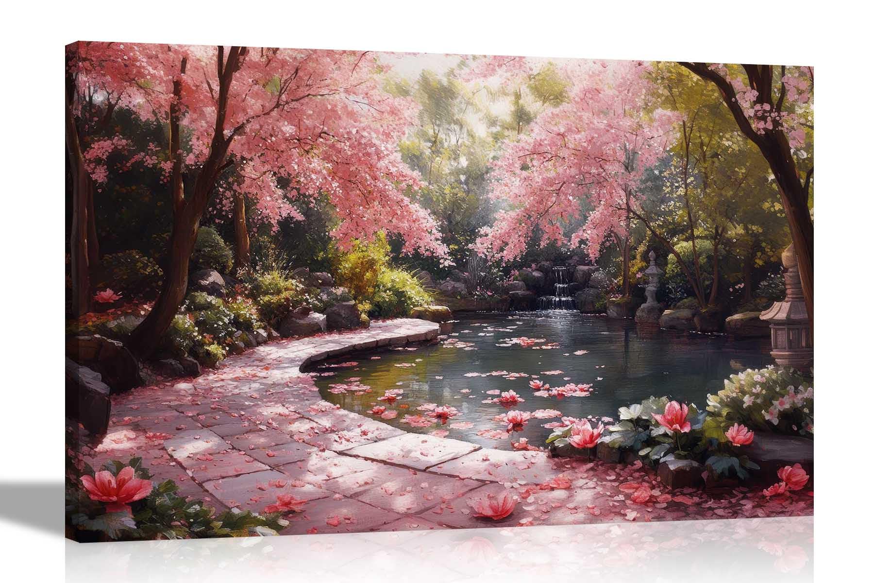 Artley Prints Summer Garden - Japanese Style Pond Pink Trees Canvas Wall Art Prints Framed Pictures For Living Room Bedroom Home Large 86 X 61Cm (34 X 24 Inches) A1