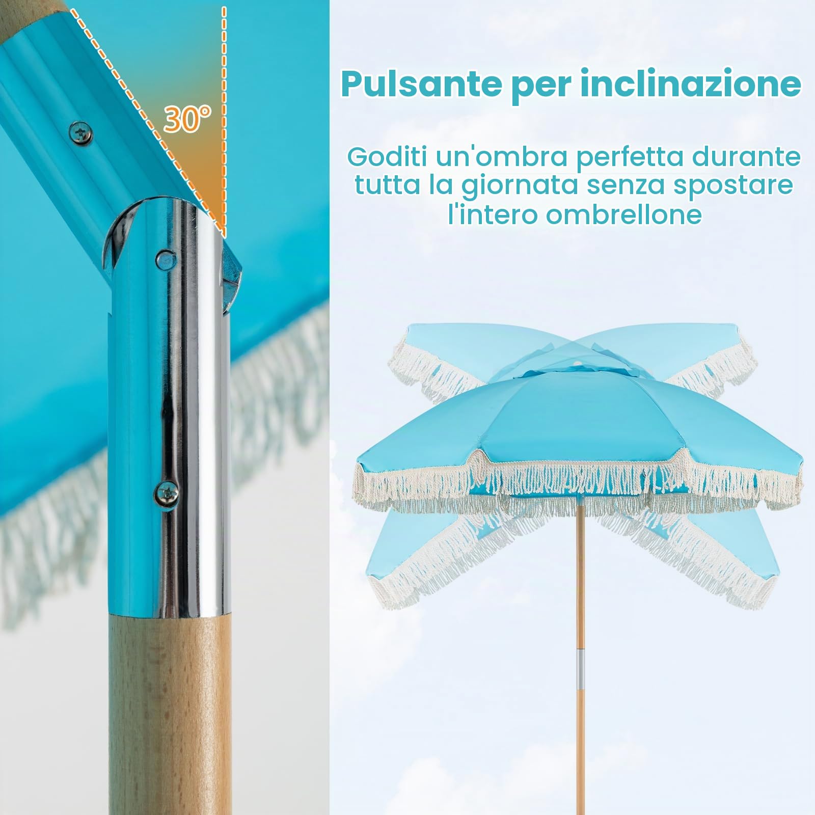 FANTASK Ombrellone 170 cm, ombrellone da spiaggia boho con frange, pieghevole su entrambi i lati di 30°, in legno, terrazzo, per giardino, balcone, terrazza (blu)