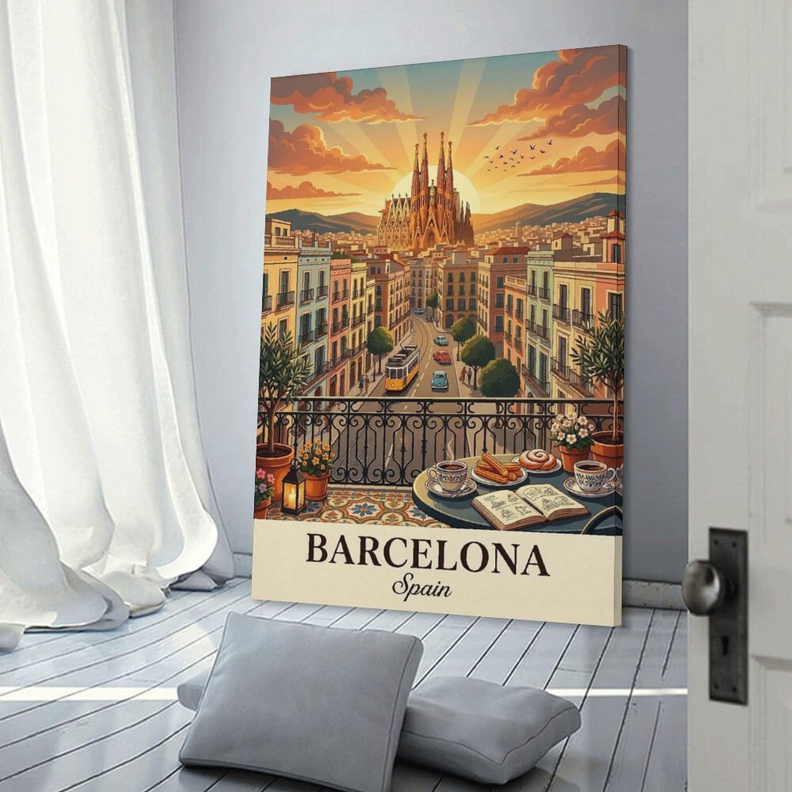 Junmoney Barcelona Cityscape with Sagrada Familia(2) Hanging Wall Art 20x30inch(50x75cm), for Front Hall, Corridor Or Welcome Spaces, Wall Decor to Refresh Empty Corners