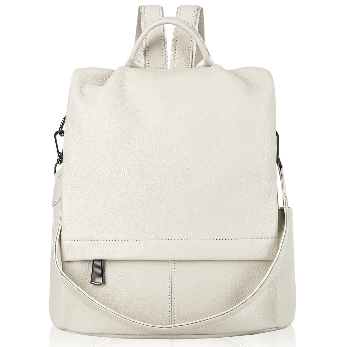 Wesccimo Genuine Leather Backpack Purse For Women Antitheft Real Soft Rucksack Fashion Designer Convertible Ladies Shoulder Bag Beige