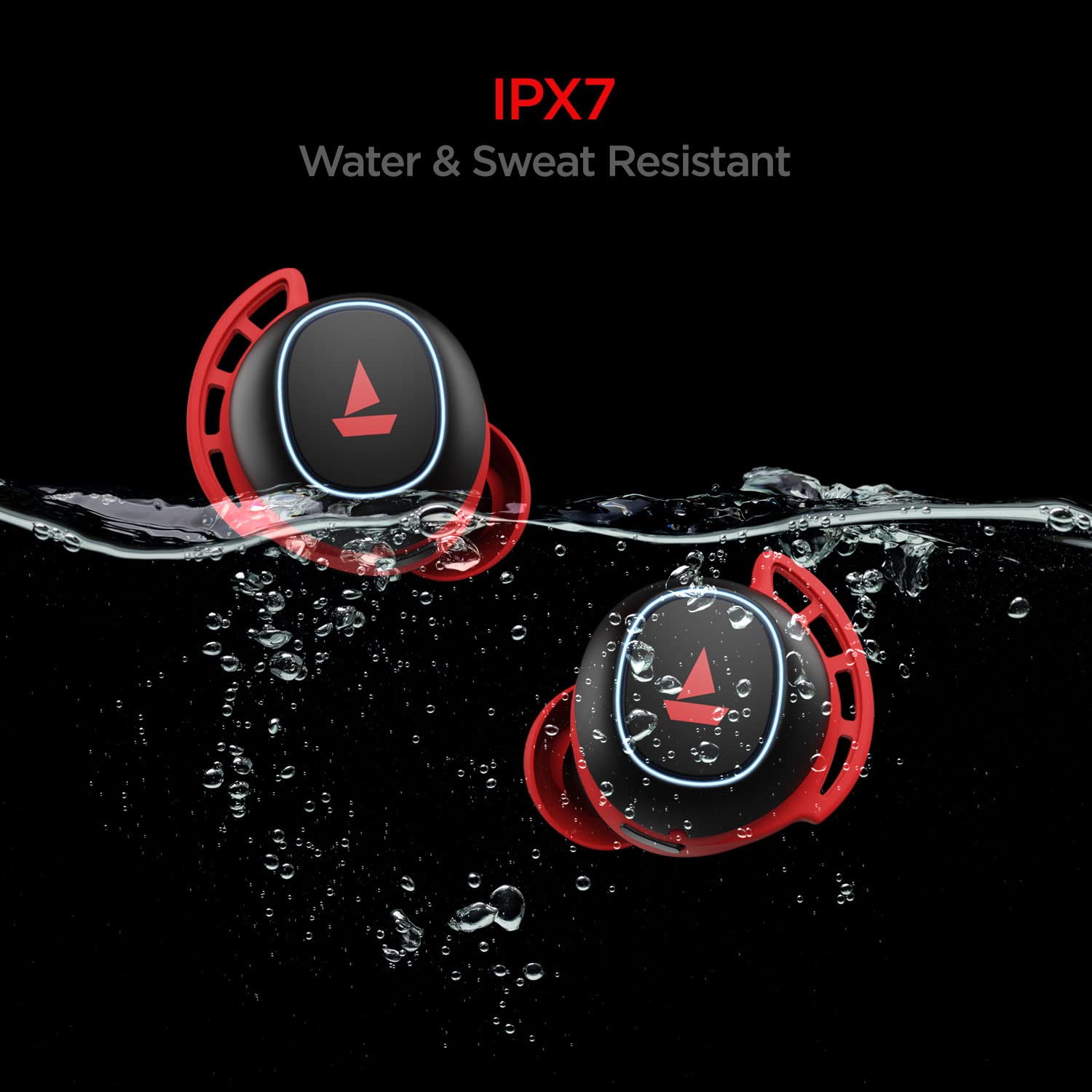 boAt Airdopes 441 Pro earbuds submerged in water, demonstrating IPX7 water resistance.