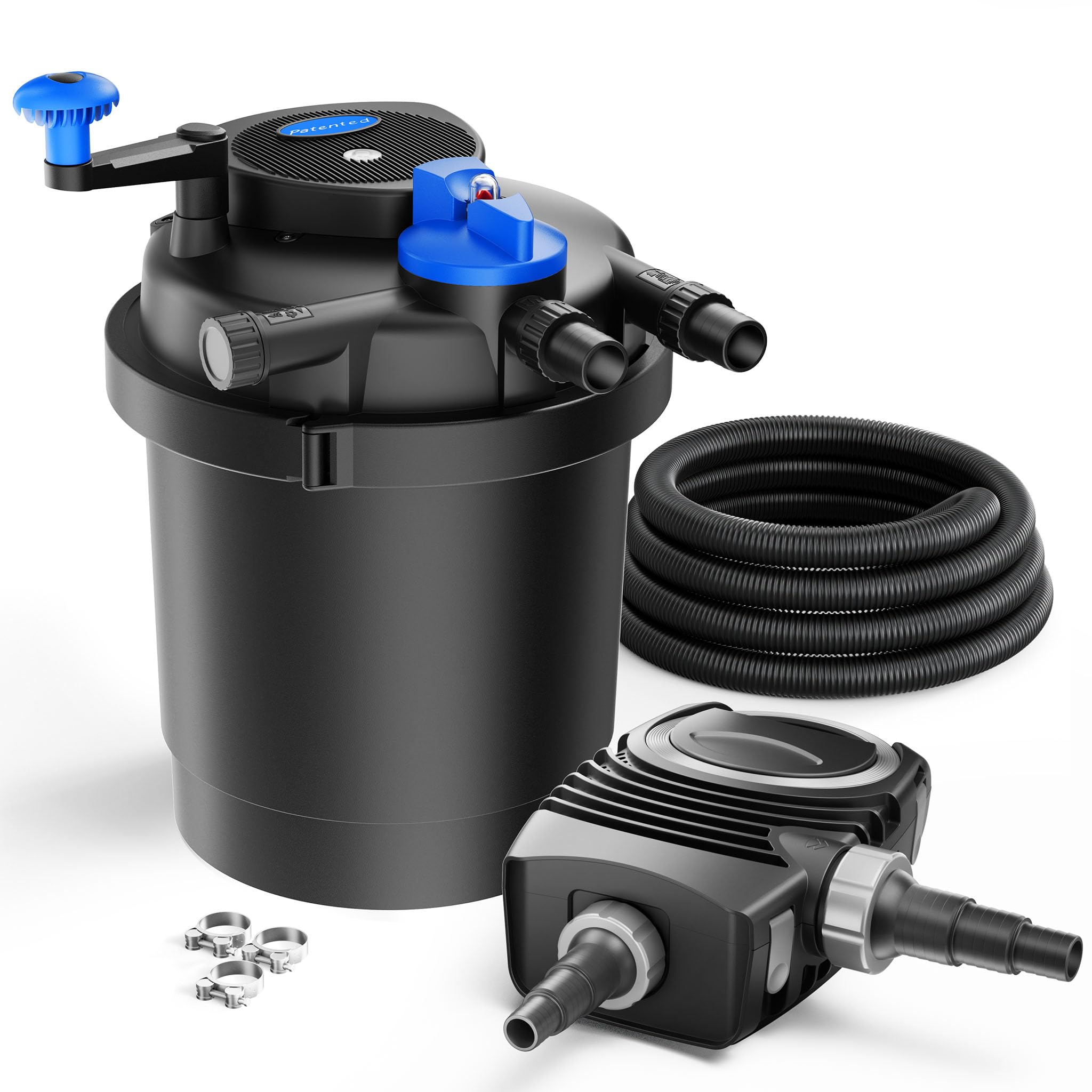 SunSun Komplettset: CPF-2500 Teichdruckfilter bis 6000 L mit 11 Watt UV-C Teichklärer, NEO-2800 SuperECO Teichpumpe 3000l/h 10W, 5m Teichschlauch 32 mm (1 1/4"), Schlauchschellen W1 44-47mm