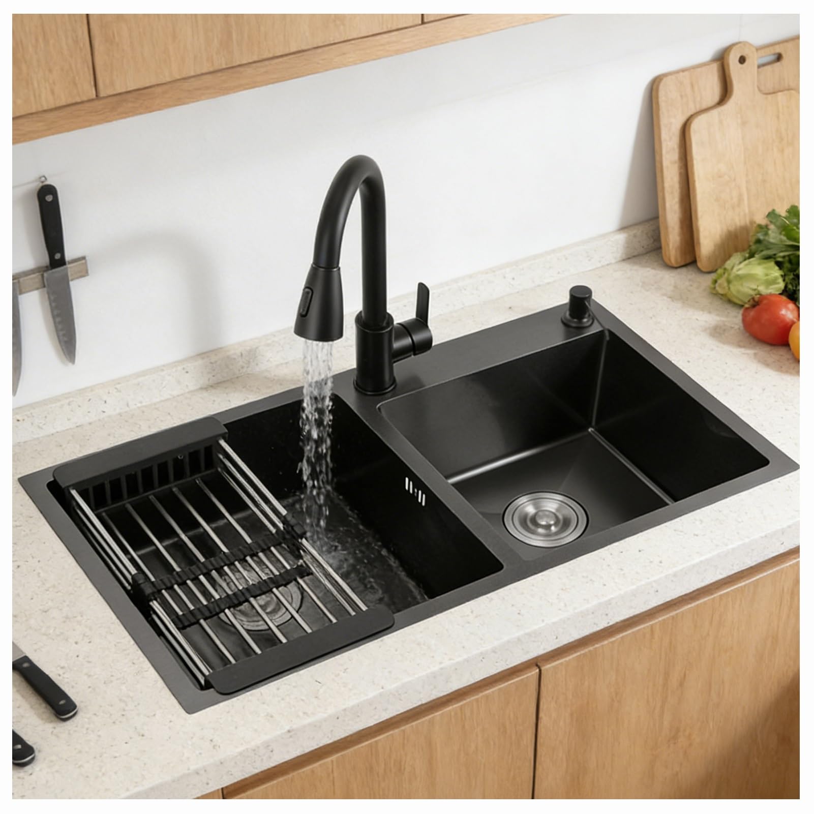 Fregadero De Cocina Doble Cubeta Acero Inoxidable Profesional, Kit Completo De Instalación Bajo Gran Capacidad Insonorizado Para Restaurante Hogar Bar Lavandería Sótano Garaje Estación(negro,80x45)