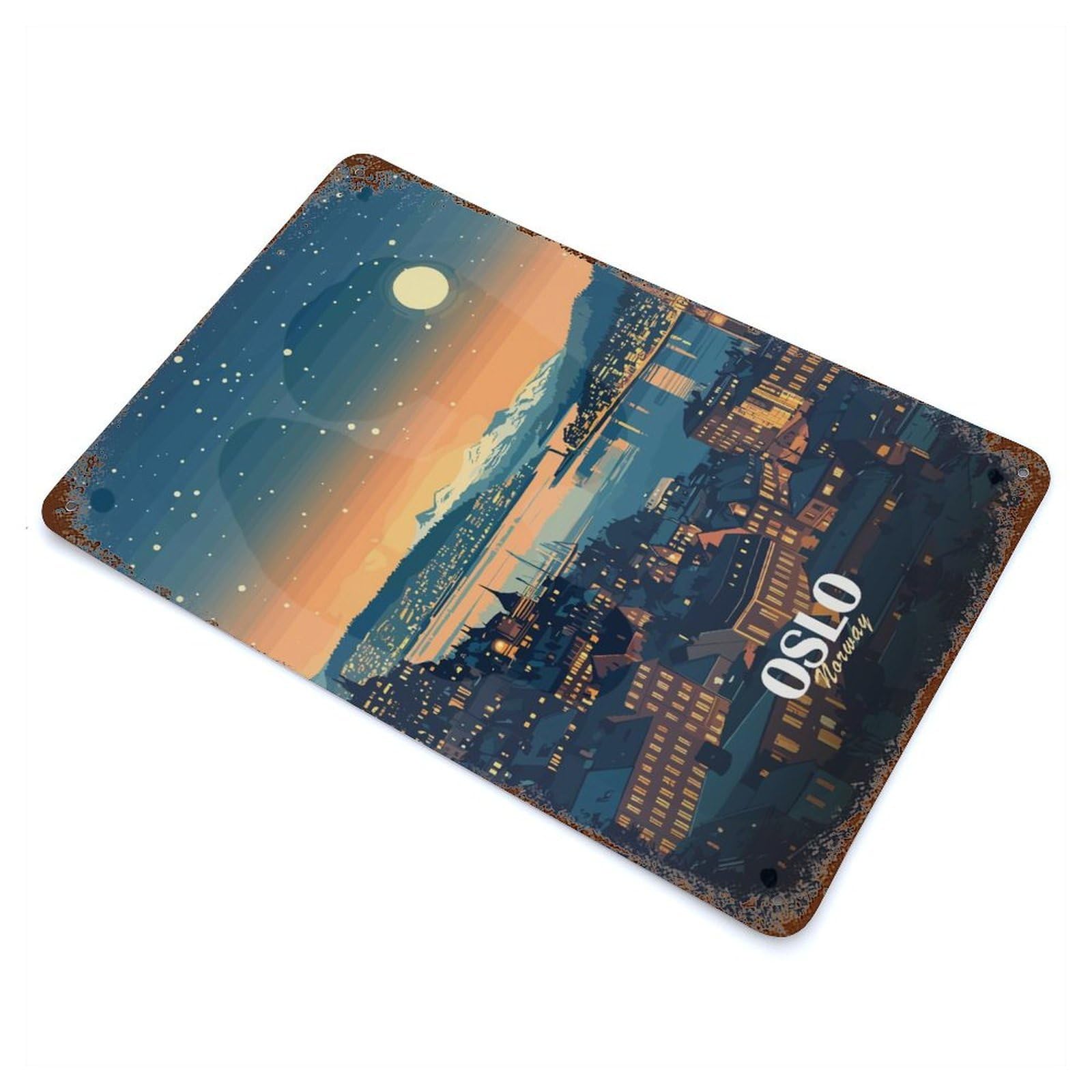 Oslo, Norway Cityscape at Night Decorative Tin Sign 11.8"x7.9", Farmhouse Wall Decor for Living Room, Hallway And Home Decor