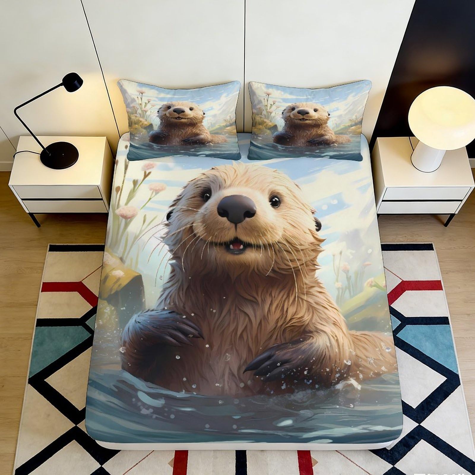 3D Printed Otter Water Fitted Sheet Microfiber Soft Breathable River Scene Mattress Cover for Bedroom Guest Room Decor 90x200x25cm