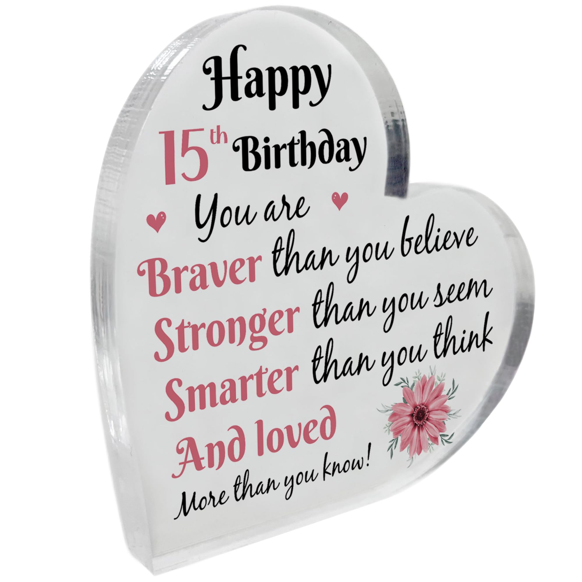 Red Ocean Gifts 15th Birthday Acrylic Plaque Birthday Gifts for Girls Keepsake Daughter Niece Sister Fifteen Years Old Birthday Presents for Her Best Friends Heart Shaped 10x10cm