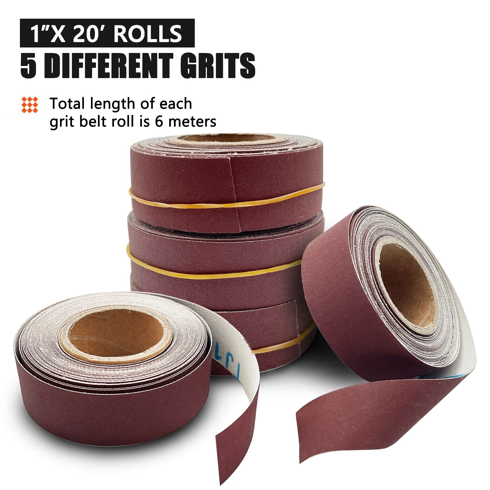 Juego de Rollos de Tela de esmeril - Papel de Lija de 5 Granos (150-600) for Metal y Madera - Rollos de Papel abrasivo de 1” x 6 m