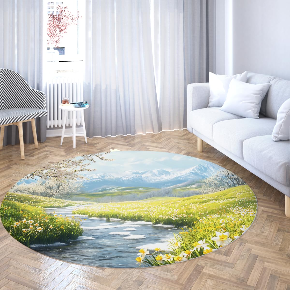 Tapis rond pour sol intérieur glissant 240cm lavable moderne vert bleu