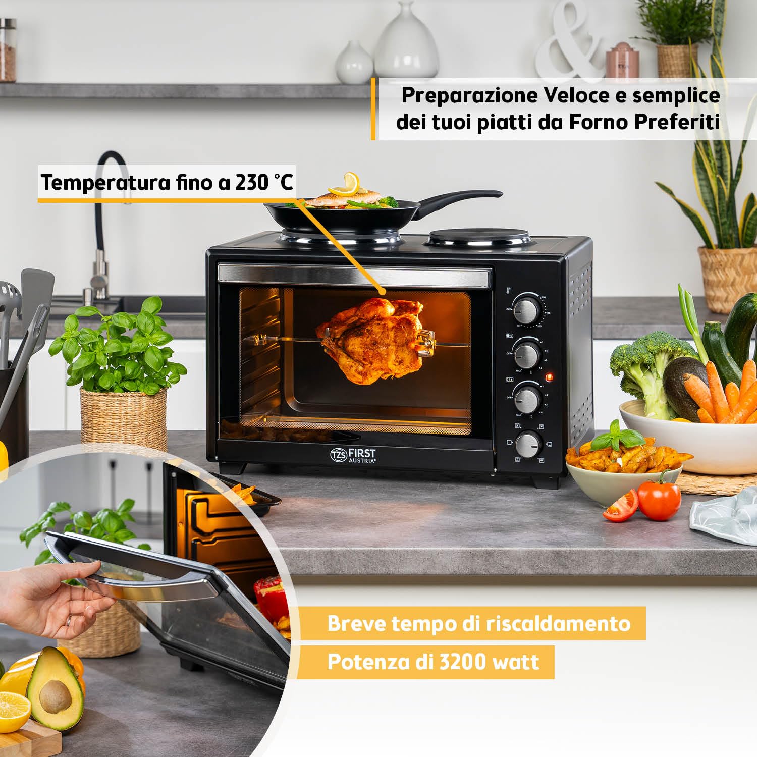 TZS First Austria - Mini Forno con fornelli 45L 3200 W - Fornetto per pizza con piastre fino a 230°C e rivestimento antiaderente - Multiforno con 4 altezze di inserimento e accessori di alta qualità