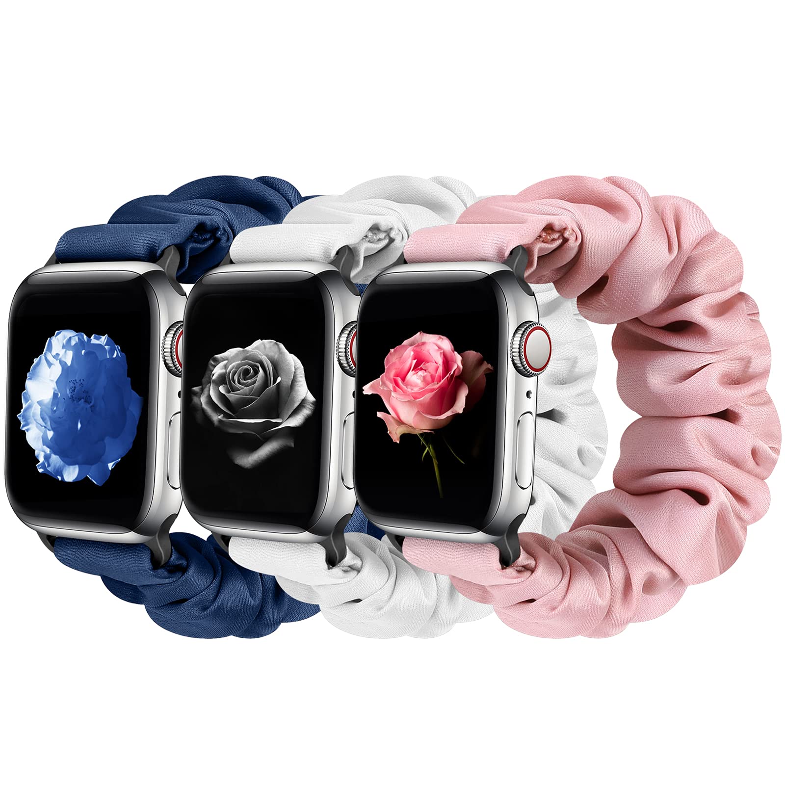 Tiptops 3 Packs Compatible with Apple Watch Bands Scrunchies 38mm 40mm 41mm 42 mm 44mm 45mm Women Cloth Pattern Printed Fabric Wristbands Straps Elastic Band for iWatch Series 8/7/6/5/4/3/2/1/SE
