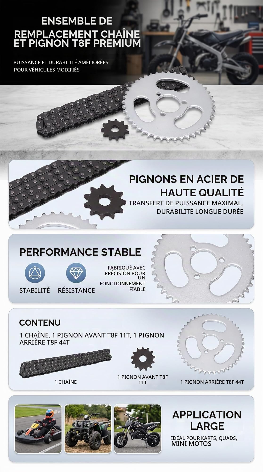 Pignon Avant et Arrière T8F, Chaîne de Rechange Haute Puissance T8F pour Karts Modifiés, VTT et Mini Motos